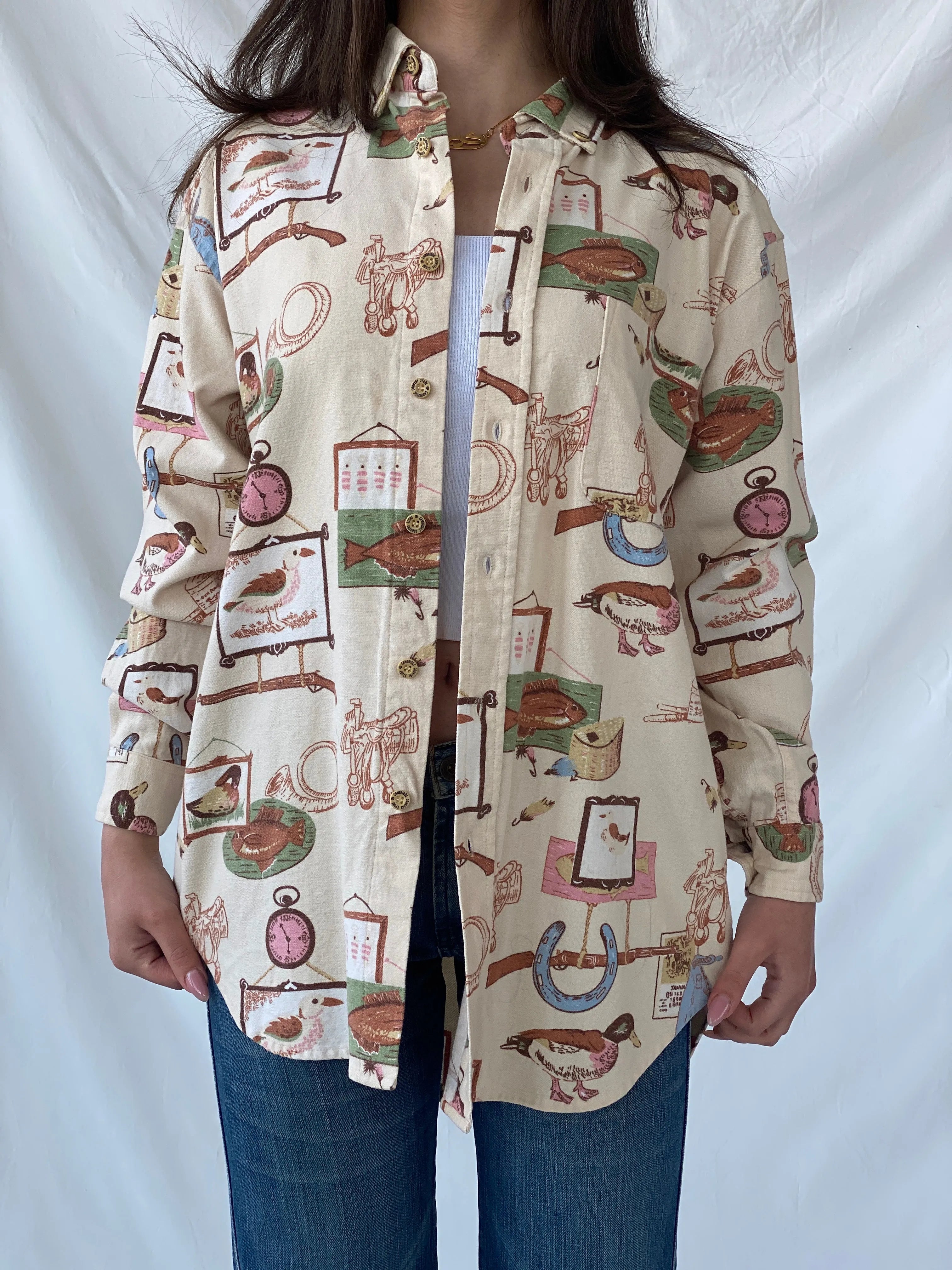 Vintage Cambridge Country Side Graphic Prints Beige Long Sleeve Button Up Cotton Shirt - M - Balagan Vintage Full Sleeve Shirt 90s, Christine, full sleeve shirt, winter, women shirt