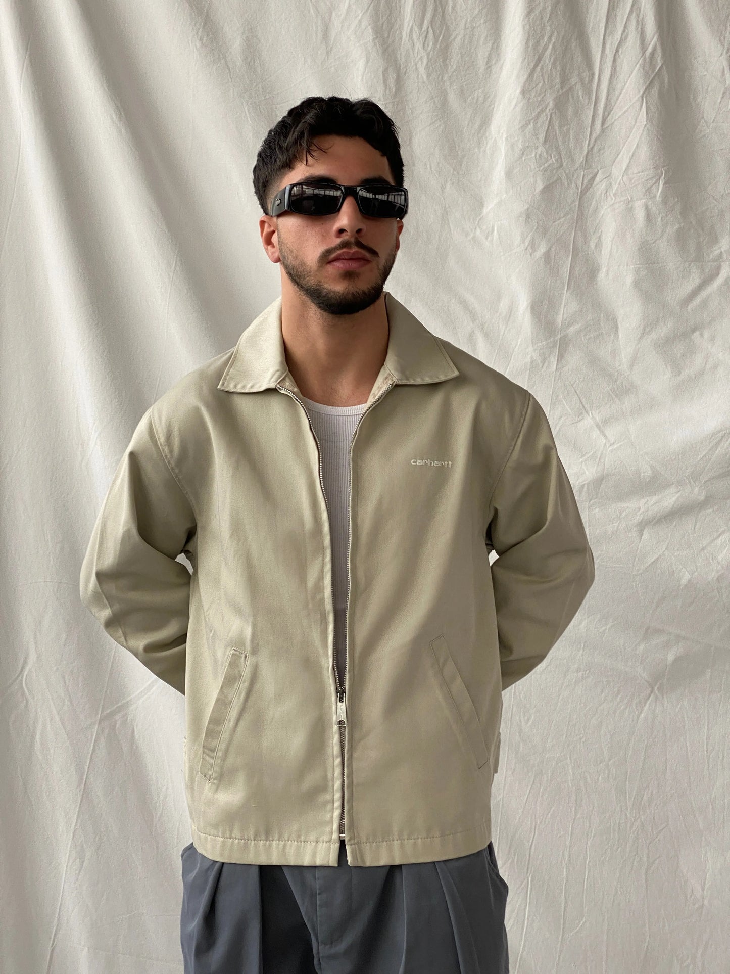 Vintage Carhartt Workwear Men’s Beige Zip Up Light Aspen Jacket - M - Balagan Vintage Jacket Hamza, jacket, men, mens jackets, puffer jacket