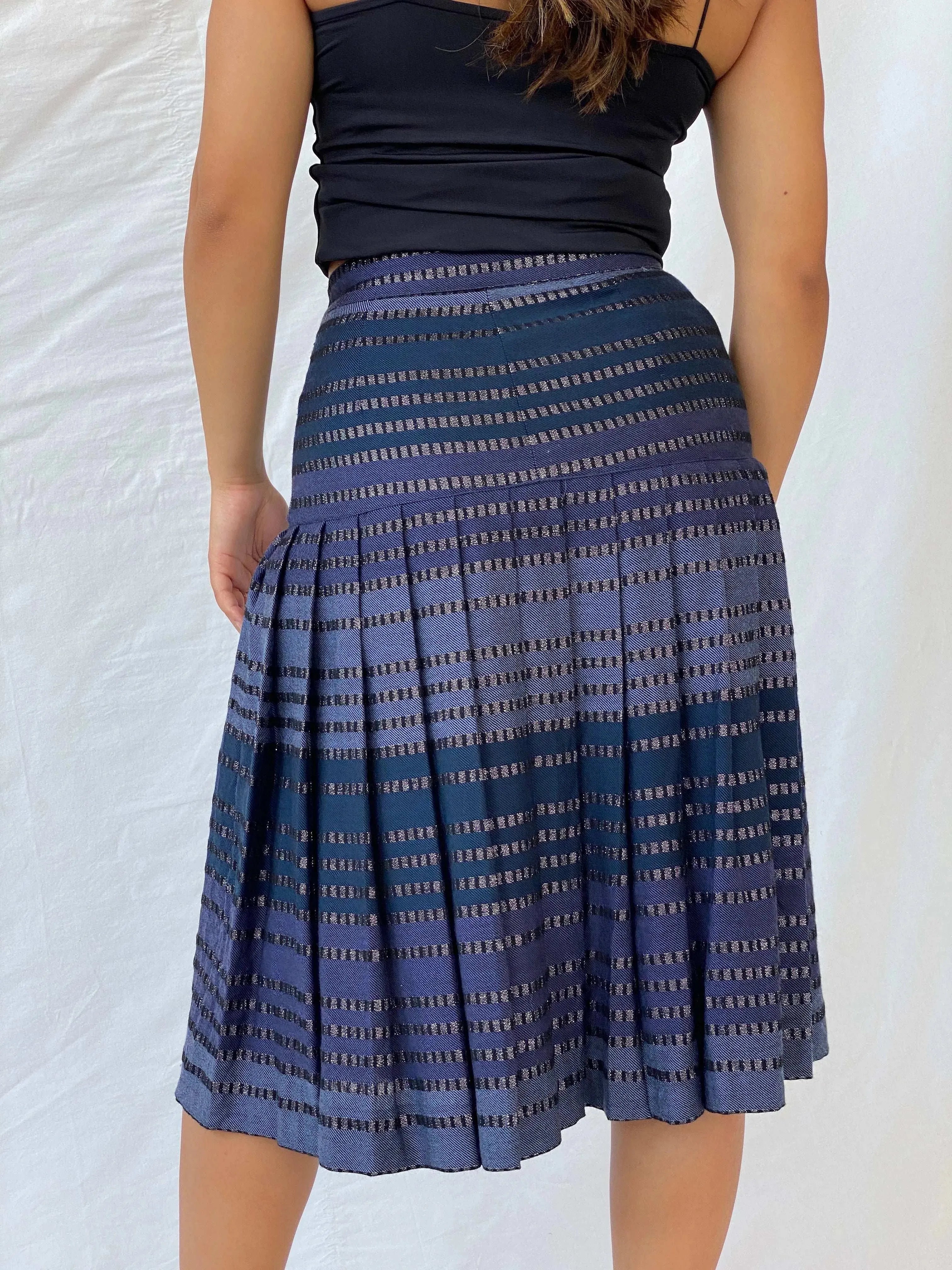 Vintage Carla Carini Blue And Black Pleated Midi Skirt - S - Balagan Vintage Midi Skirt 00s, Lana, midi skirt, shimmer, summer