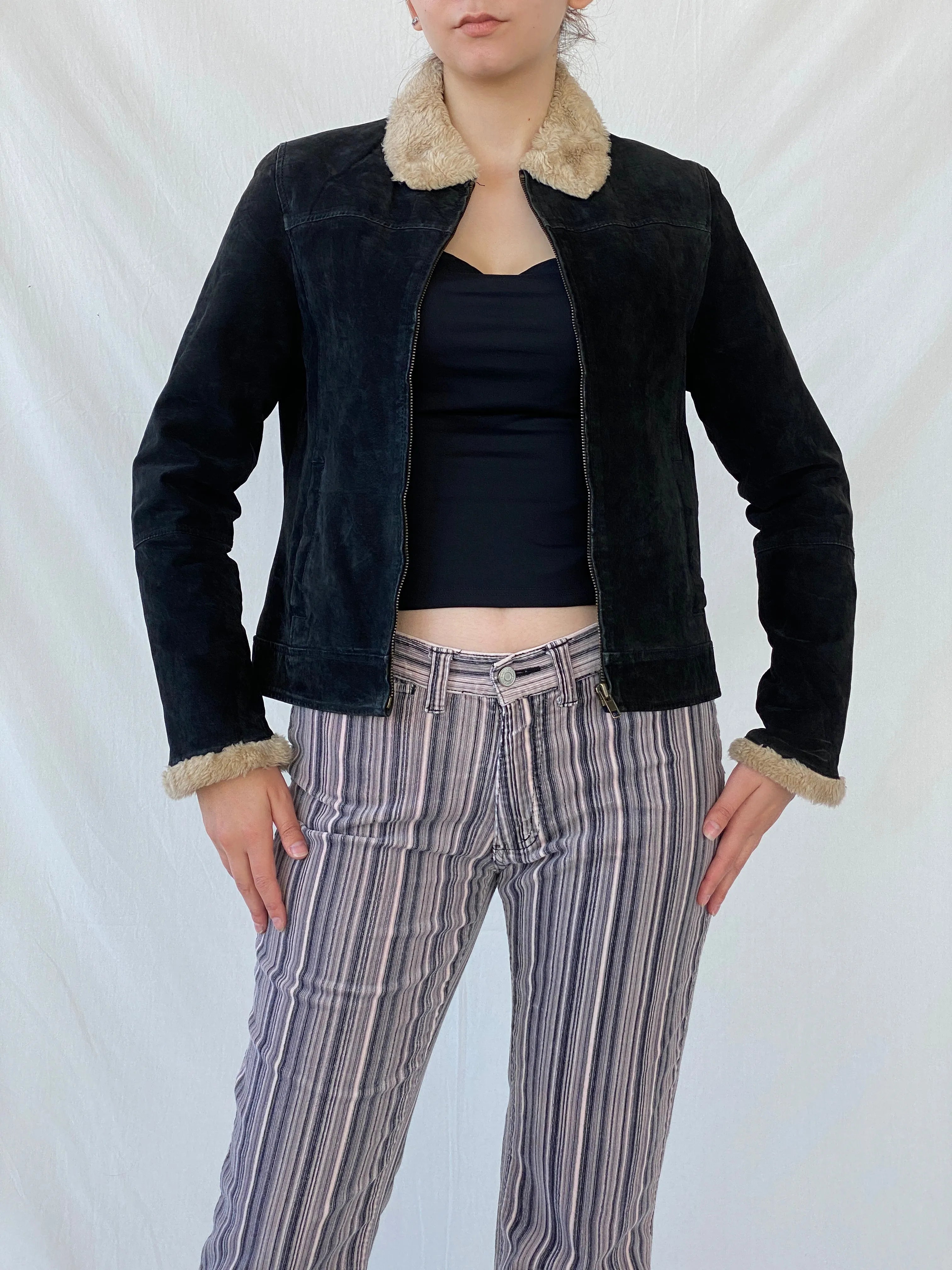 Vintage Cavalini Black Suede Faux Shearling Collar Zip-up Jacket - M - Balagan Vintage Jacket 00s, Ayah, Coats&Jackets, leather, suede, suede jacket, Women's Leather Jackets