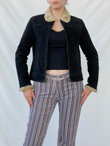 Vintage Cavalini Black Suede Faux Shearling Collar Zip-up Jacket - M - Balagan Vintage Jacket 00s, Ayah, Coats&Jackets, leather, suede, suede jacket, Women's Leather Jackets