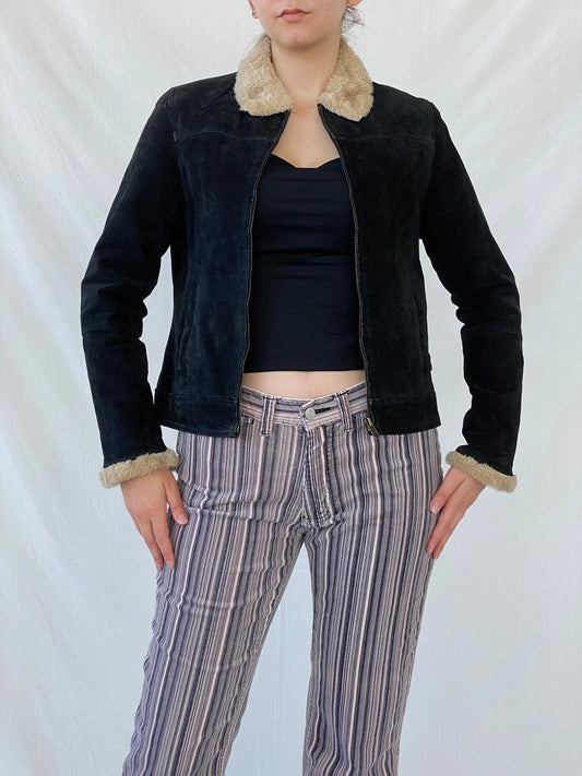 Vintage Cavalini Black Suede Faux Shearling Collar Zip-up Jacket - M - Balagan Vintage Jacket 00s, Ayah, Coats&Jackets, leather, suede, suede jacket, Women's Leather Jackets