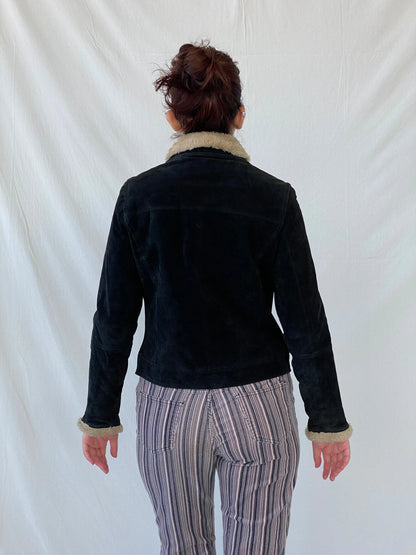 Vintage Cavalini Black Suede Faux Shearling Collar Zip-up Jacket - M - Balagan Vintage Jacket 00s, Ayah, Coats&Jackets, leather, suede, suede jacket, Women's Leather Jackets
