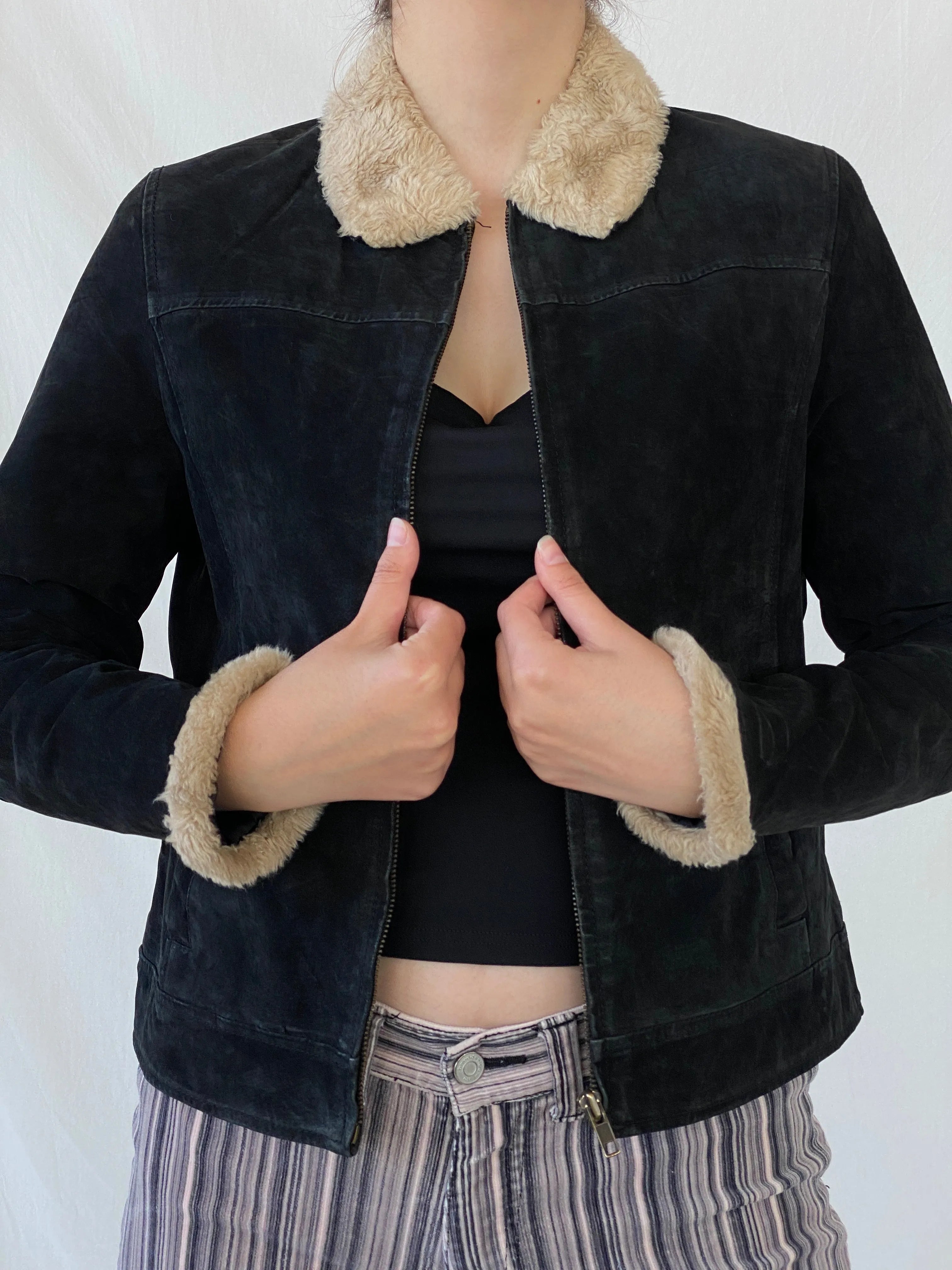 Vintage Cavalini Black Suede Faux Shearling Collar Zip-up Jacket - M - Balagan Vintage Jacket 00s, Ayah, Coats&Jackets, leather, suede, suede jacket, Women's Leather Jackets