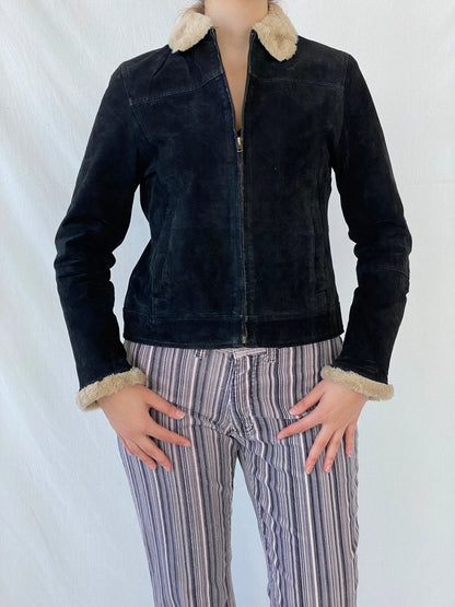 Vintage Cavalini Black Suede Faux Shearling Collar Zip-up Jacket - M - Balagan Vintage Jacket 00s, Ayah, Coats&Jackets, leather, suede, suede jacket, Women's Leather Jackets