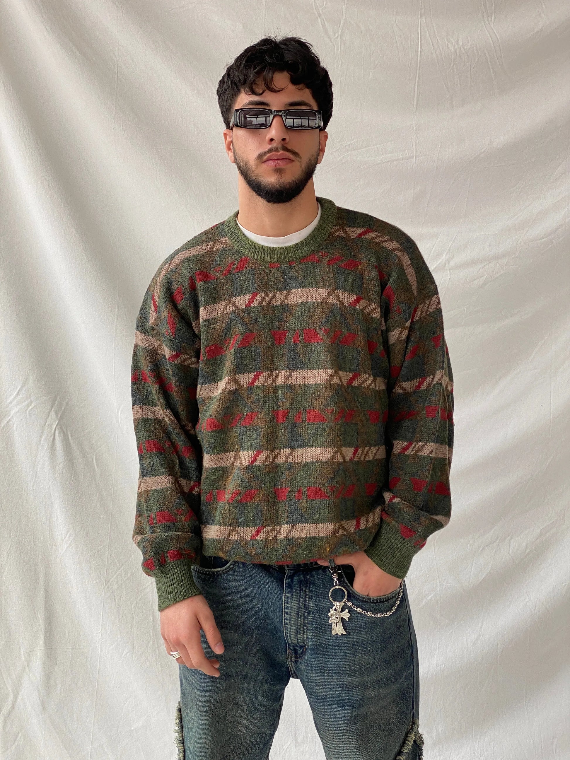 Vintage Charly Mach Men’s Green Jumper Striped Knitted Crew Neck Sweater - L - Balagan Vintage Sweater 90s, Hamza, knit, knitted, knitted sweater, men, streetwear, vintage, vintage sweater, winter