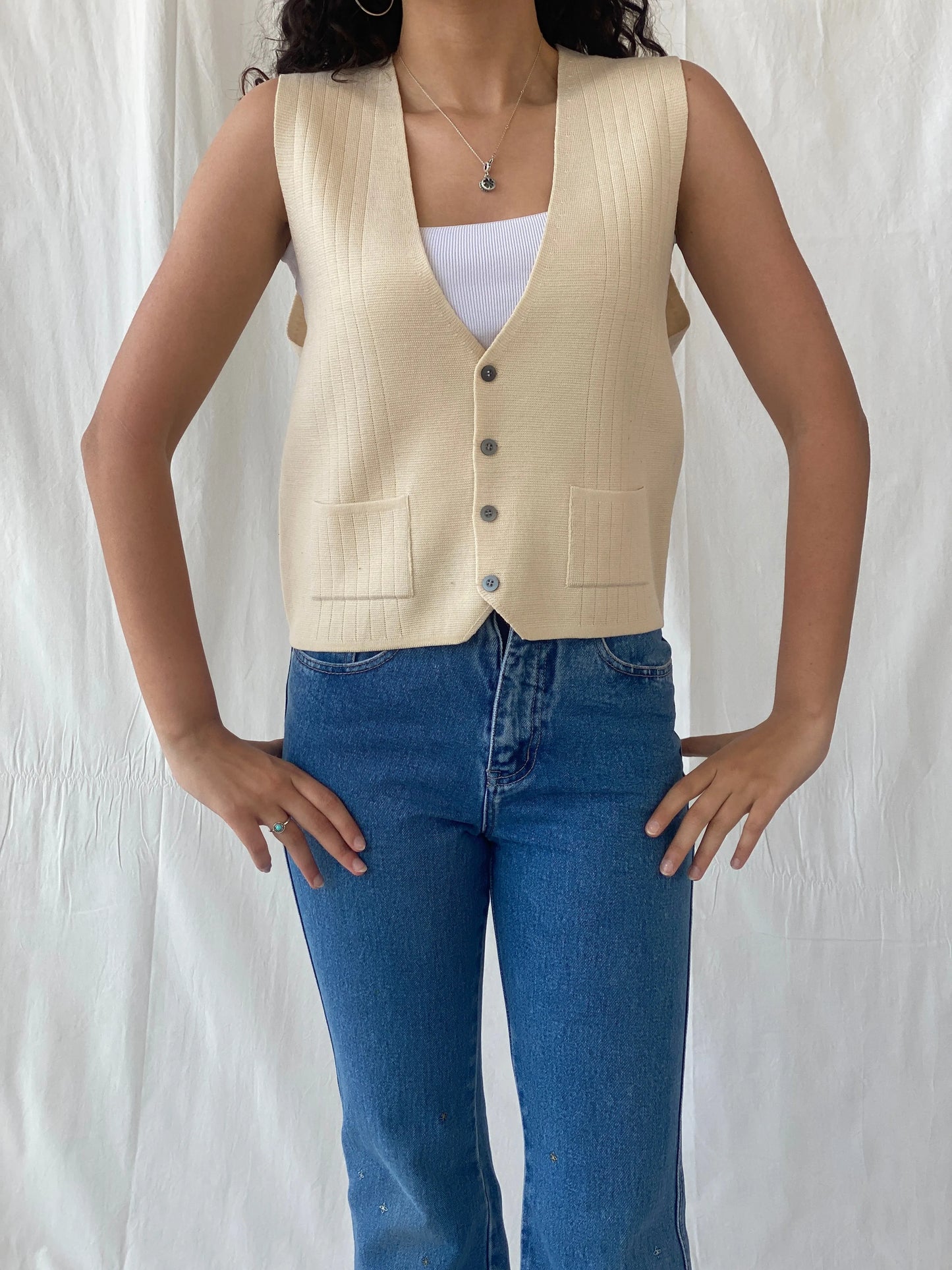 Vintage Charm Square Beige Vest Cotton Blend Waistcoat - L - Balagan Vintage Vest 00s, Celine, vest, women top