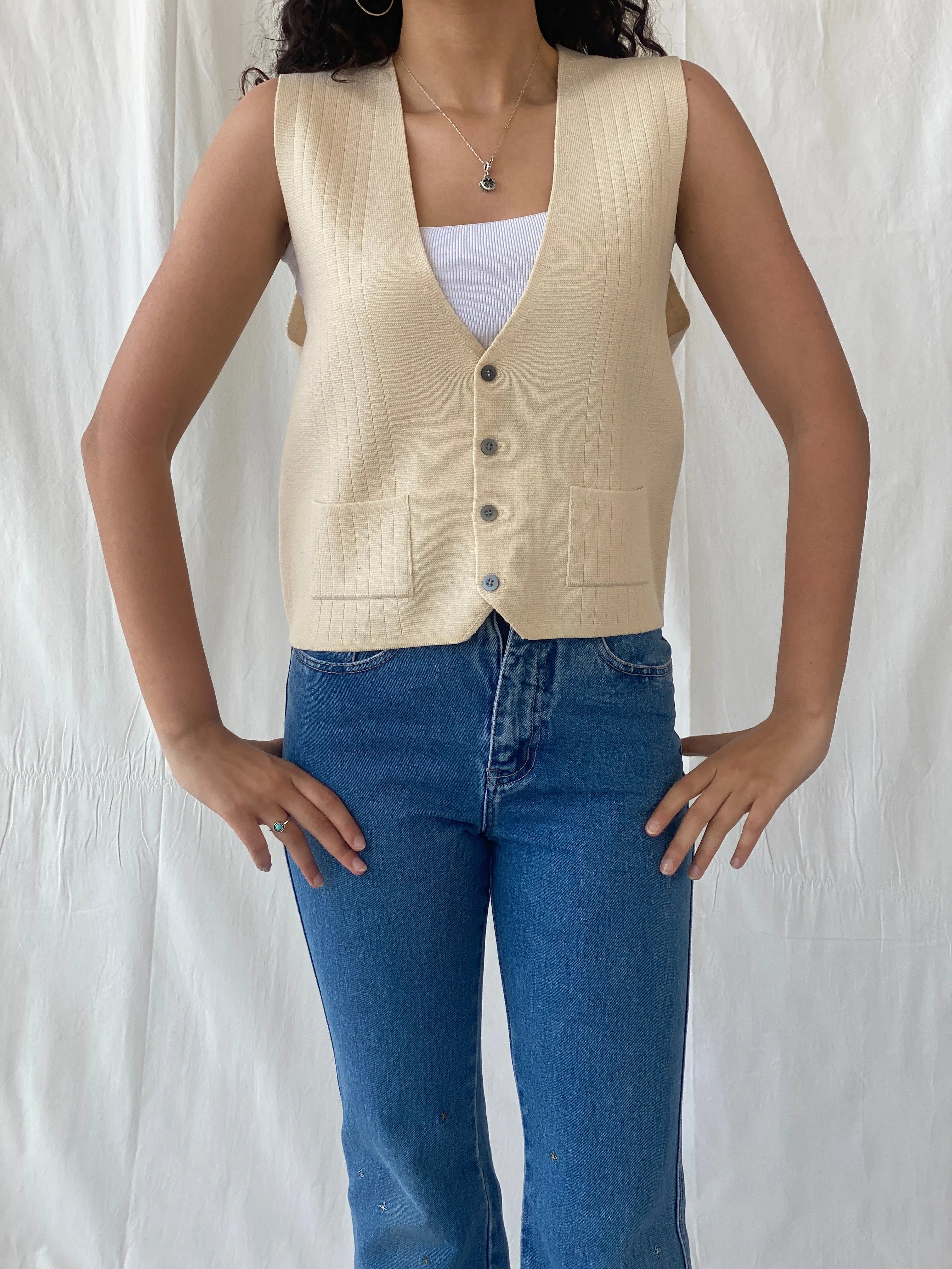 Vintage Charm Square Beige Vest Cotton Blend Waistcoat - L - Balagan Vintage Vest 00s, Celine, vest, women top