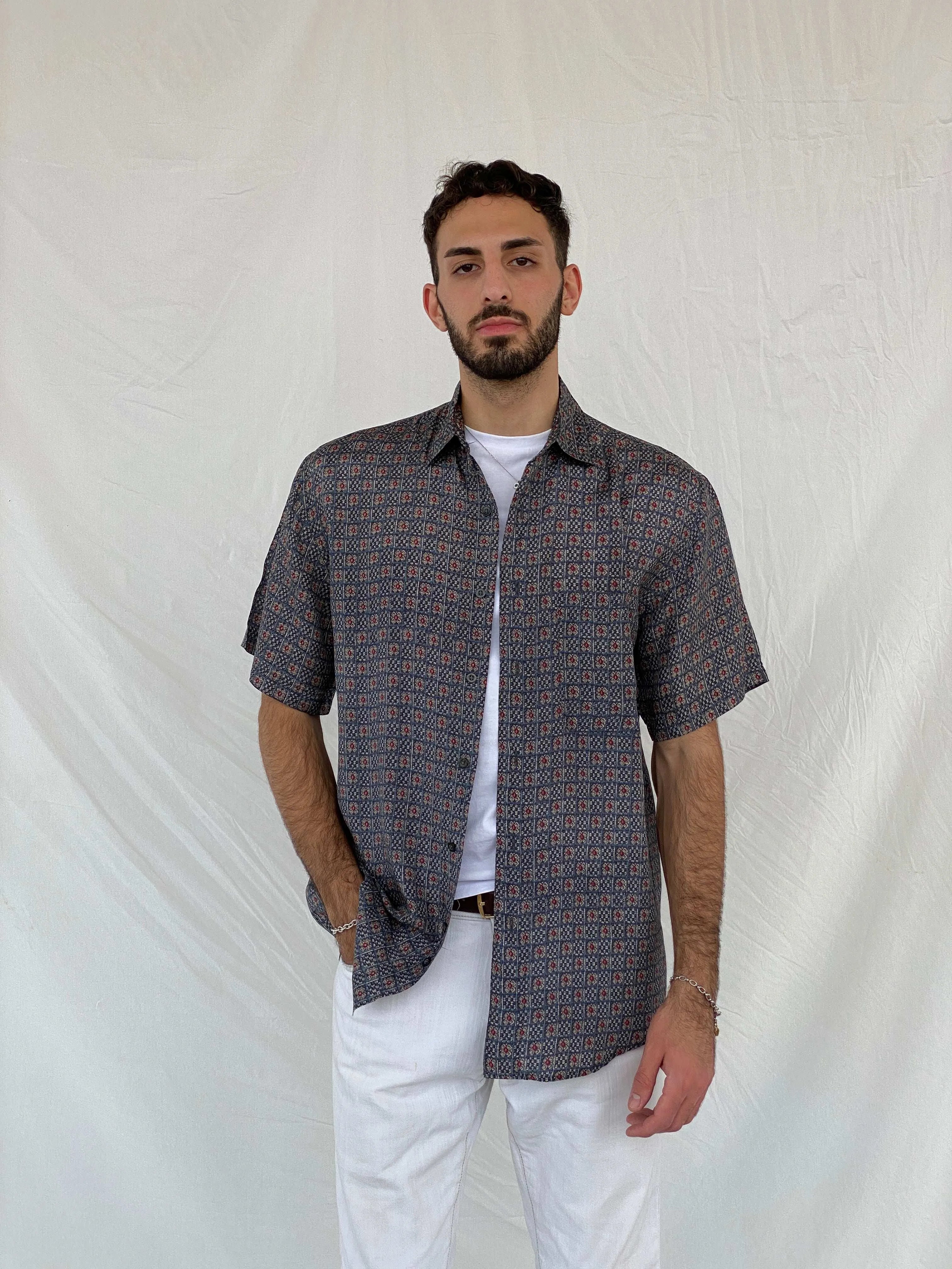 Vintage CHIAMARÉ Navy Short Sleeve Silk Shirt Size S - Balagan Vintage Half Sleeve Shirt 90s, Awsam, printed silk shirt, silk, silk shirt