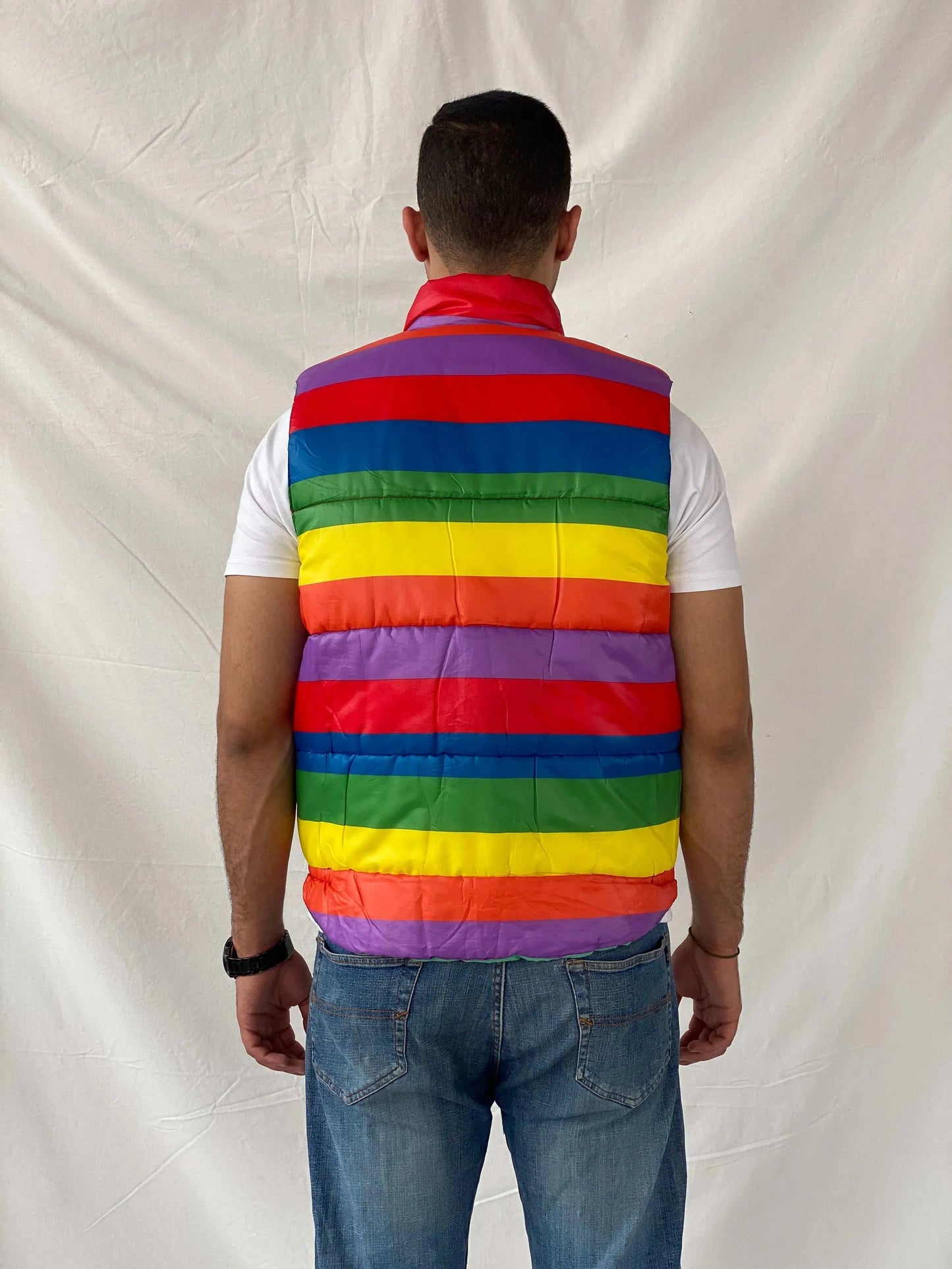 Vintage Chipie Striped Rainbow Puffer Zip Up Vest - M - Balagan Vintage Vest 00s, men top, mens vest, puffer jacket, Ramez, vest