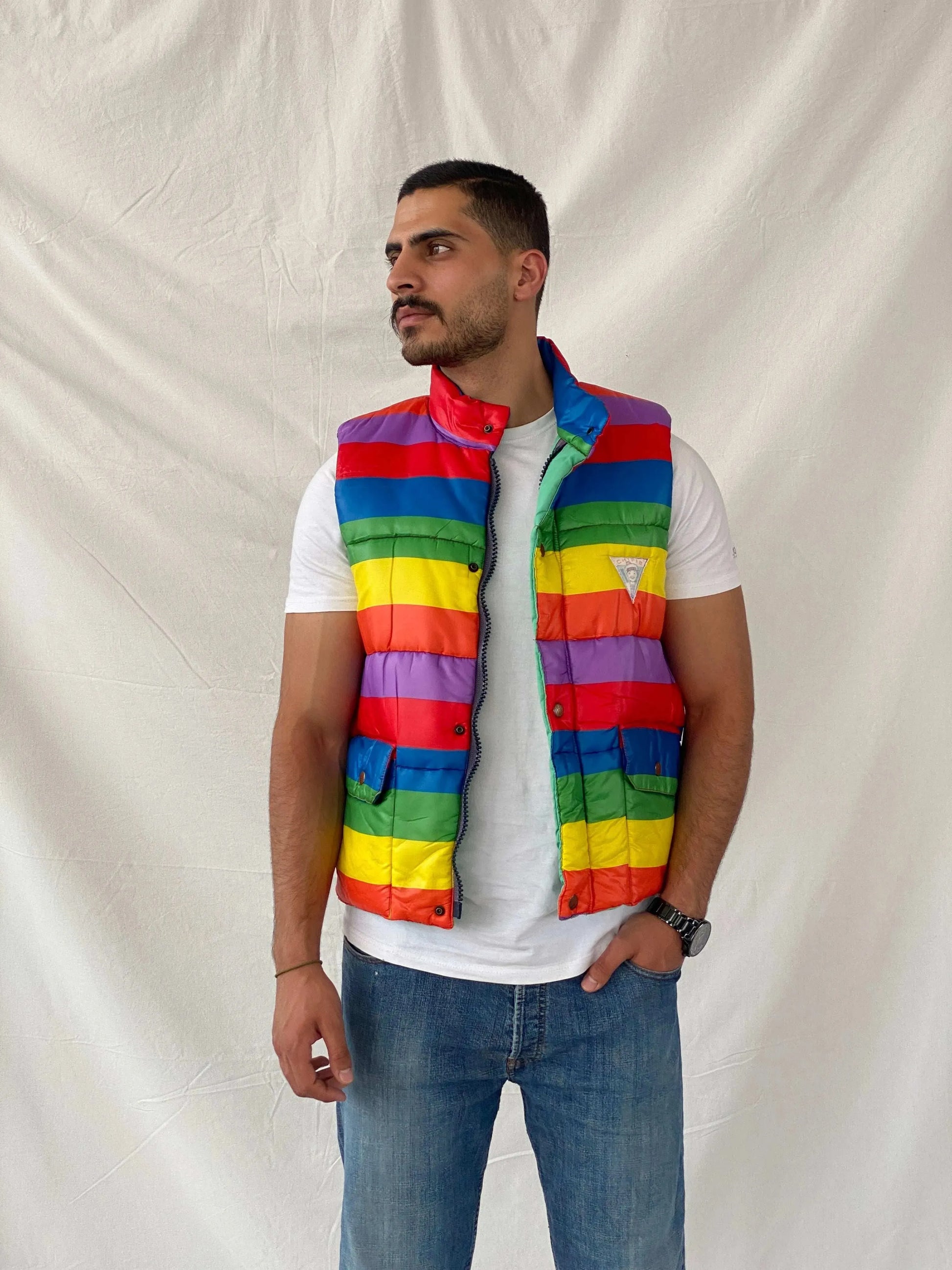 Vintage Chipie Striped Rainbow Puffer Zip Up Vest - M - Balagan Vintage Vest 00s, men top, mens vest, puffer jacket, Ramez, vest