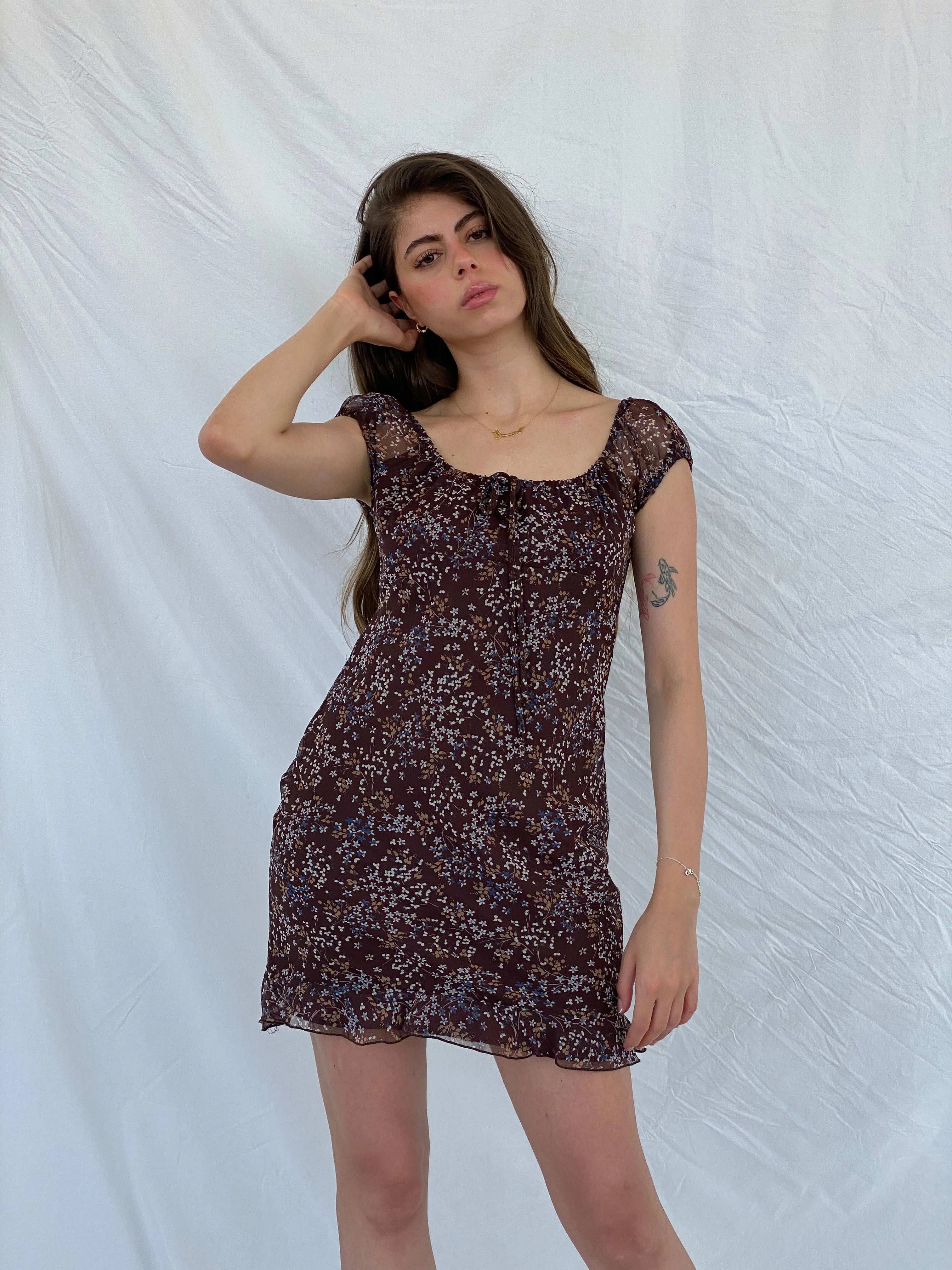 Vintage City Triangles Floral Brown Mini Dress - S - Balagan Vintage Midi Dress 00s, 90s, floral, floral dress, Mini Dress, Mira, silk, Wedding Guest