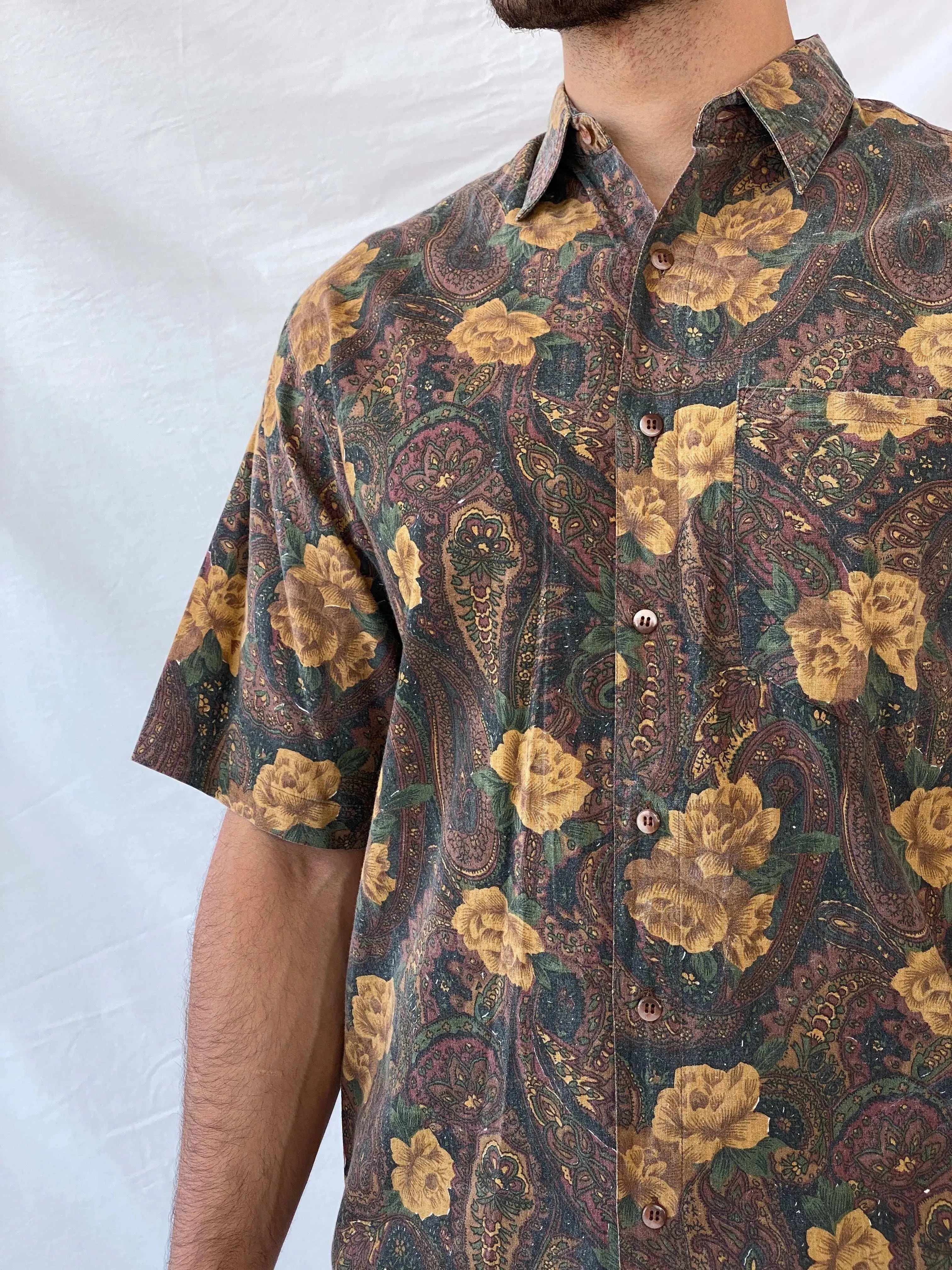 Vintage Code Zero Brown Floral Men’s Button Up Shirt - L - Balagan Vintage Half Sleeve Shirt 90s, floral, floral print, half sleeve shirt, mens shirt, printed shirt, Ramez