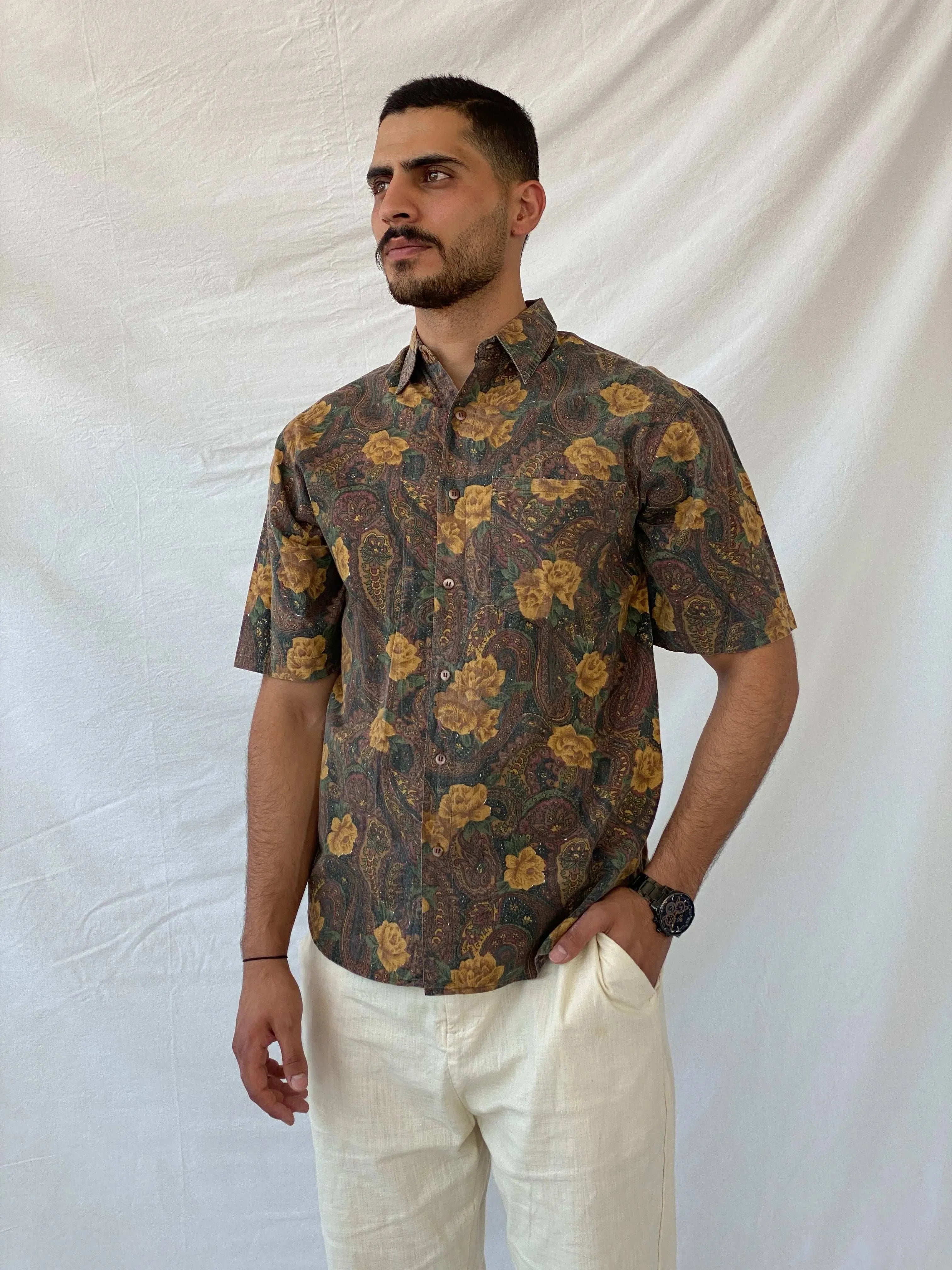 Vintage Code Zero Brown Floral Men’s Button Up Shirt - L - Balagan Vintage Half Sleeve Shirt 90s, floral, floral print, half sleeve shirt, mens shirt, printed shirt, Ramez