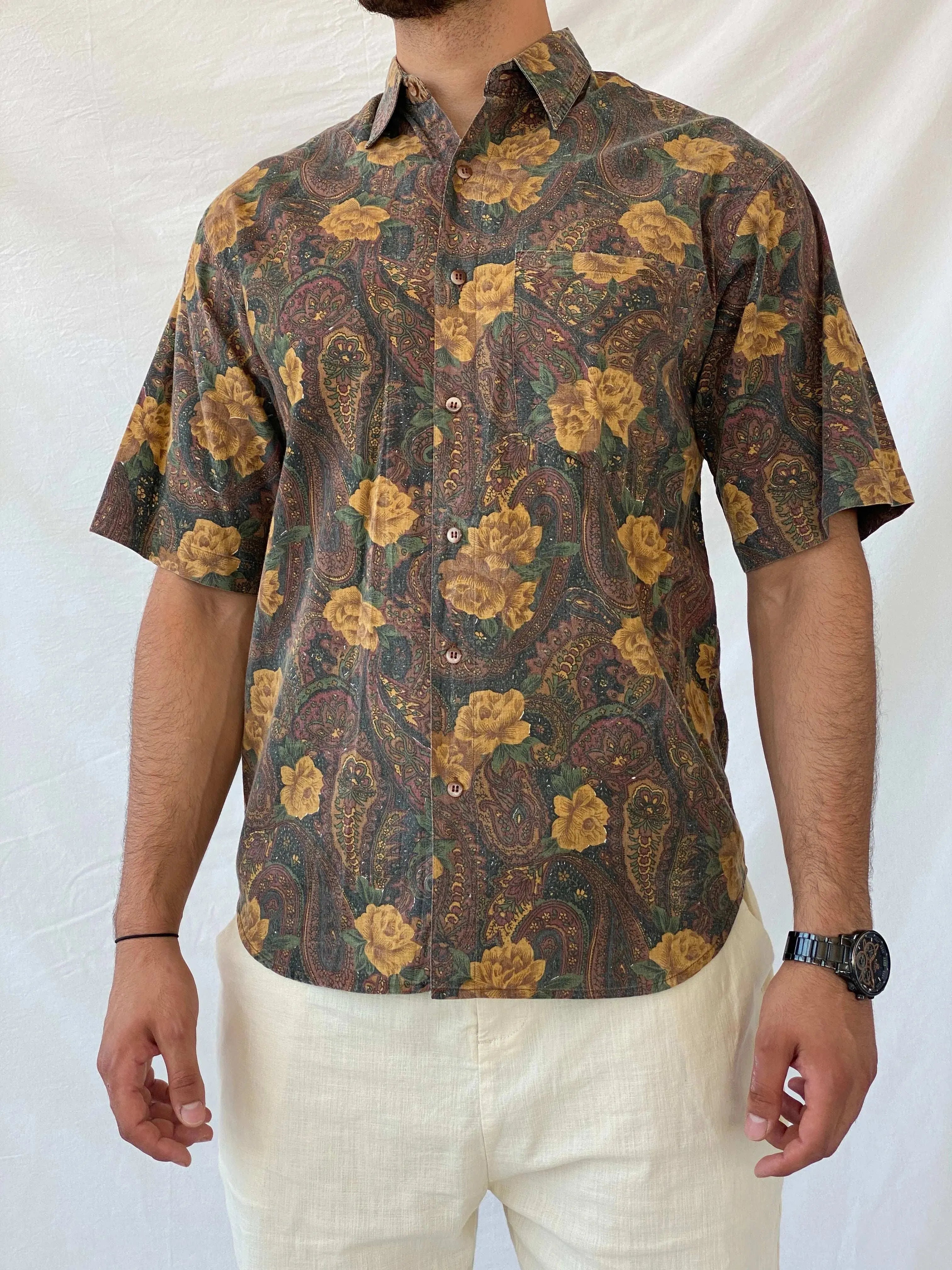 Vintage Code Zero Brown Floral Men’s Button Up Shirt - L - Balagan Vintage Half Sleeve Shirt 90s, floral, floral print, half sleeve shirt, mens shirt, printed shirt, Ramez