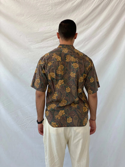 Vintage Code Zero Brown Floral Men’s Button Up Shirt - L - Balagan Vintage Half Sleeve Shirt 90s, floral, floral print, half sleeve shirt, mens shirt, printed shirt, Ramez