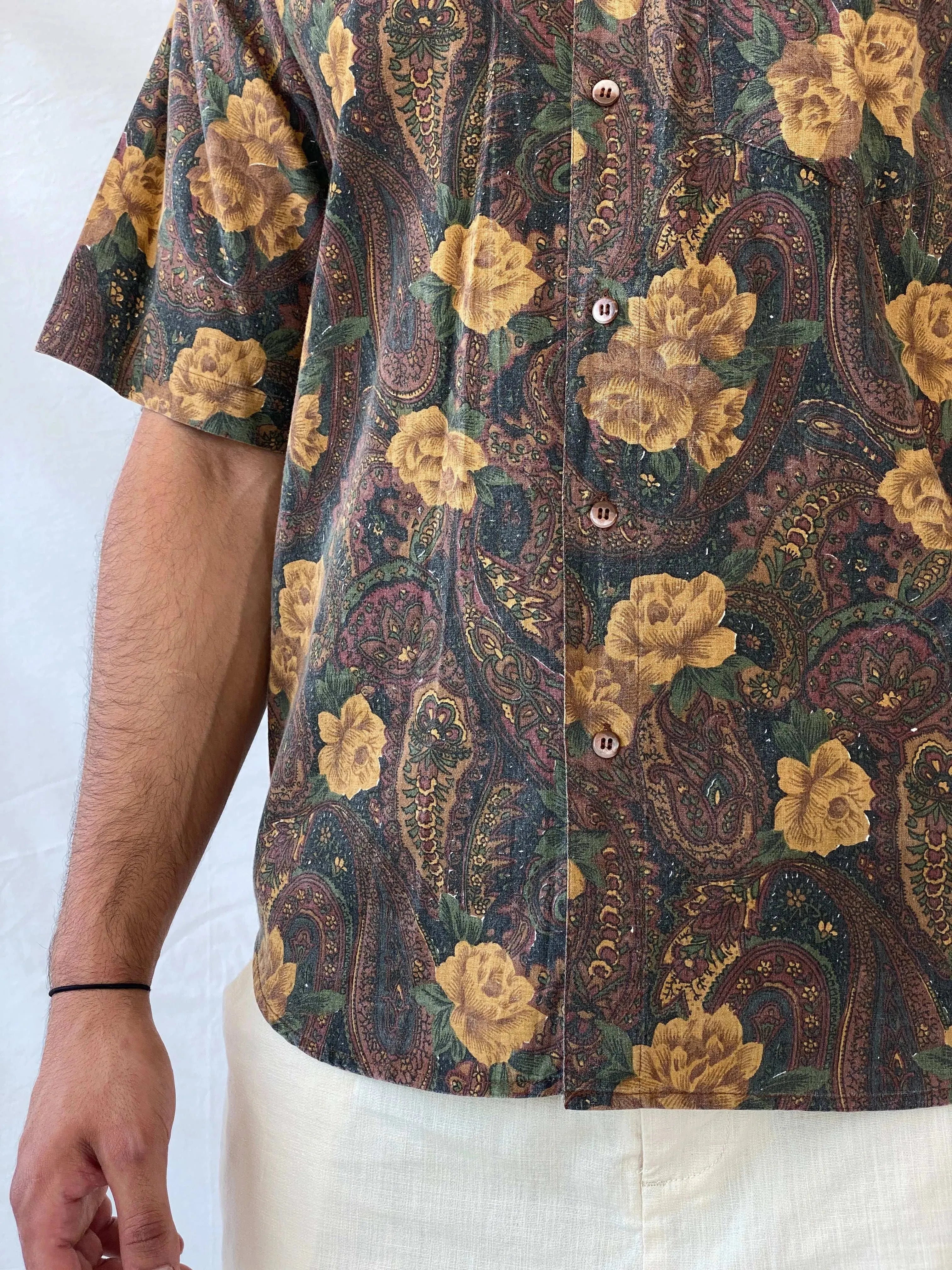 Vintage Code Zero Brown Floral Men’s Button Up Shirt - L - Balagan Vintage Half Sleeve Shirt 90s, floral, floral print, half sleeve shirt, mens shirt, printed shirt, Ramez
