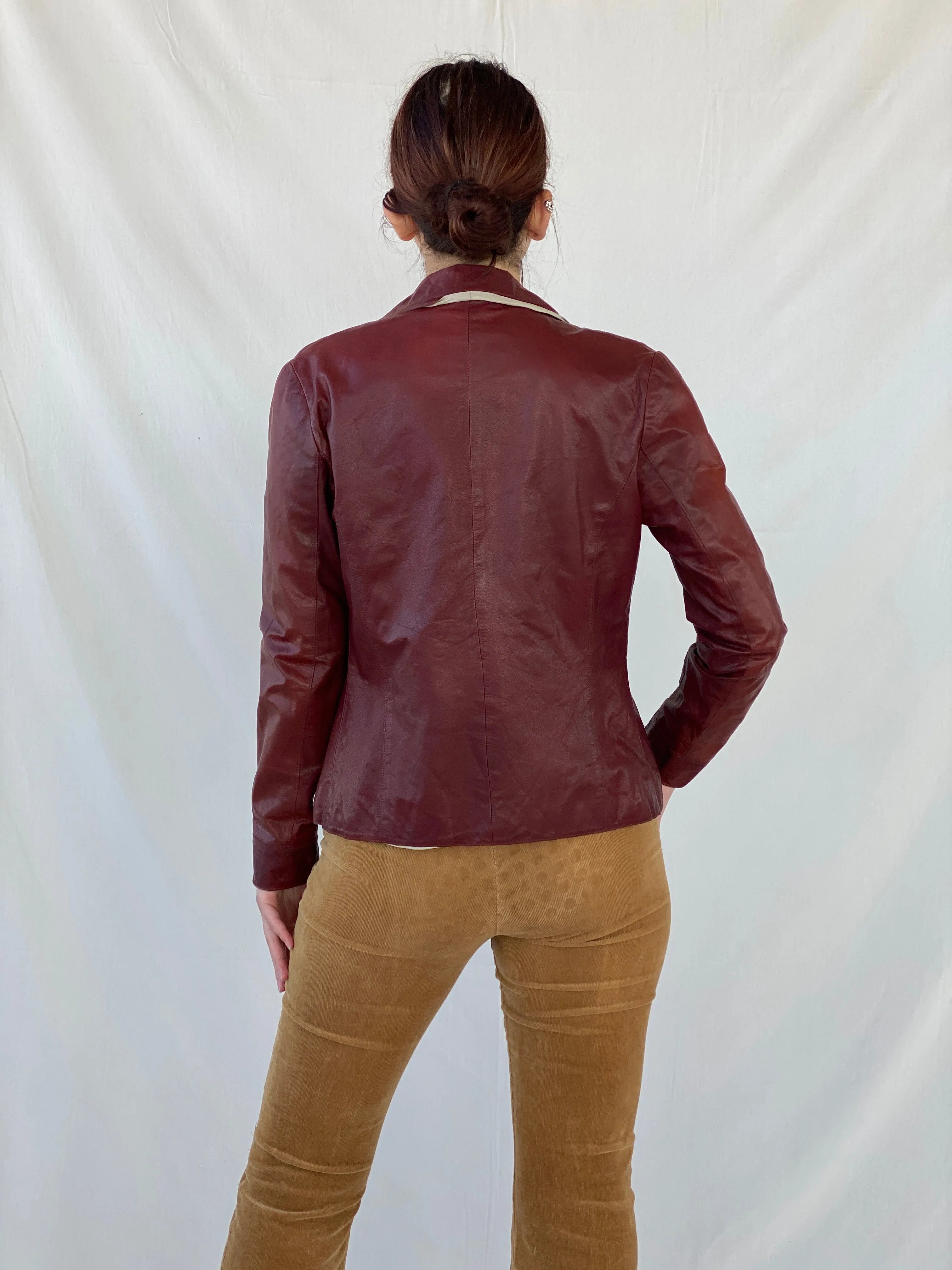 Vintage Conbipel Burgundy Genuine Leather Women’s Blazer Jacket - L - Balagan Vintage Leather Jacket Ayah, Coats&Jackets, genuine leather, genuine leather jacket, leather jacket, red leather, Women's Blazers, Women's Leather Jackets