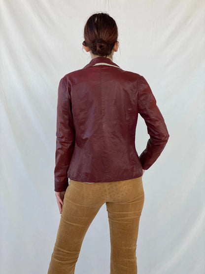 Vintage Conbipel Burgundy Genuine Leather Women’s Blazer Jacket - L - Balagan Vintage Leather Jacket Ayah, Coats&Jackets, genuine leather, genuine leather jacket, leather jacket, red leather, Women's Blazers, Women's Leather Jackets