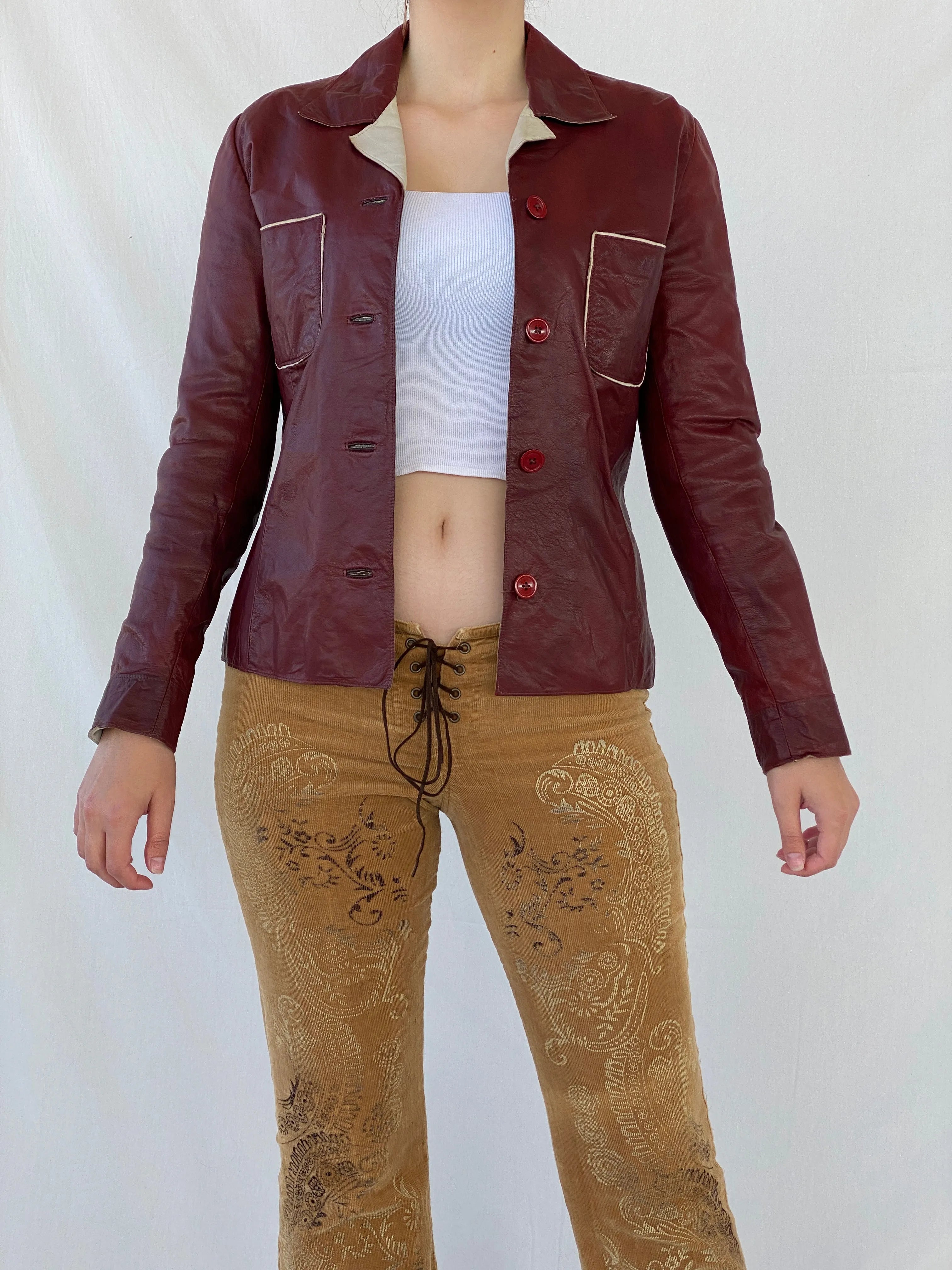 Vintage Conbipel Burgundy Genuine Leather Women’s Blazer Jacket - L - Balagan Vintage Leather Jacket Ayah, Coats&Jackets, genuine leather, genuine leather jacket, leather jacket, red leather, Women's Blazers, Women's Leather Jackets