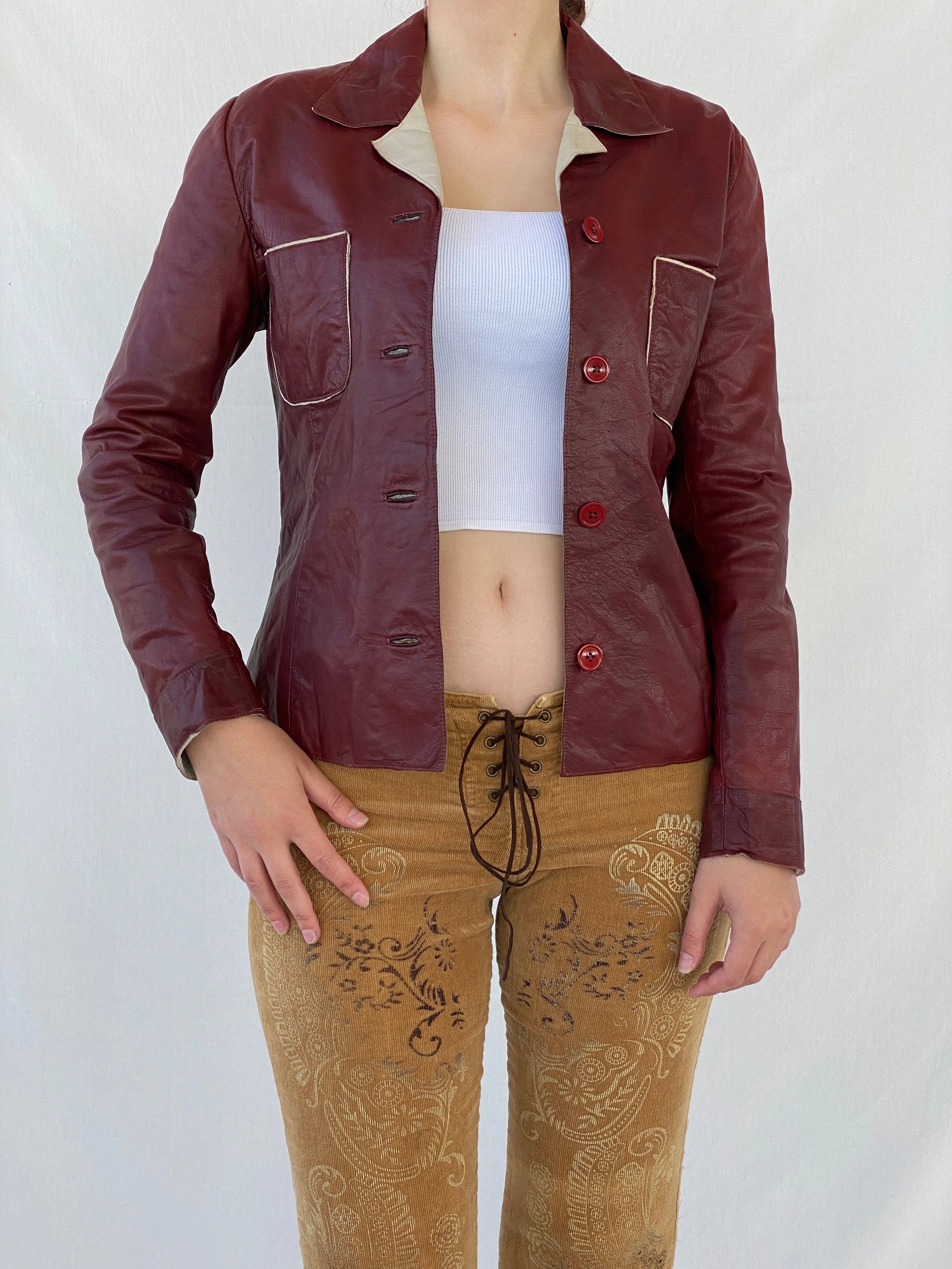Vintage Conbipel Burgundy Genuine Leather Women’s Blazer Jacket - L - Balagan Vintage Leather Jacket Ayah, Coats&Jackets, genuine leather, genuine leather jacket, leather jacket, red leather, Women's Blazers, Women's Leather Jackets