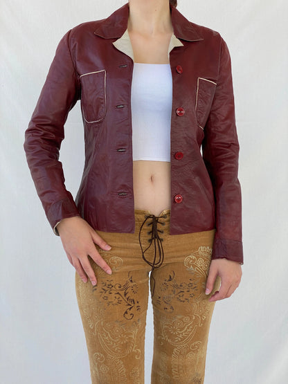 Vintage Conbipel Burgundy Genuine Leather Women’s Blazer Jacket - L - Balagan Vintage Leather Jacket Ayah, Coats&Jackets, genuine leather, genuine leather jacket, leather jacket, red leather, Women's Blazers, Women's Leather Jackets