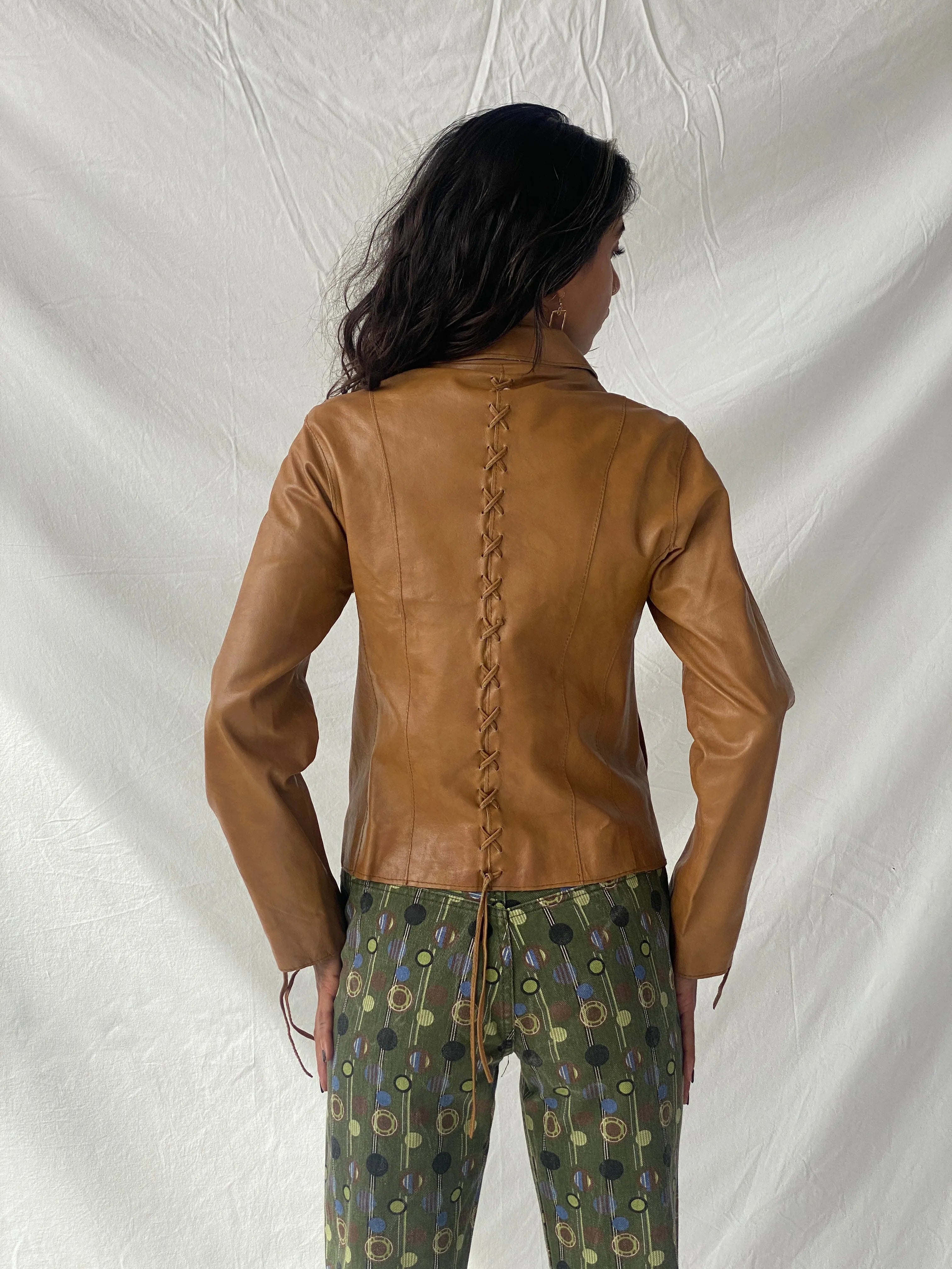 Vintage Conbipel Camel Genuine Leather Lace-up Detail Women’s Jacket - S - Balagan Vintage Leather Jacket 90s, Coats&Jackets, genuine leather, genuine leather jacket, Tojan, winter, Women's Leather Jackets