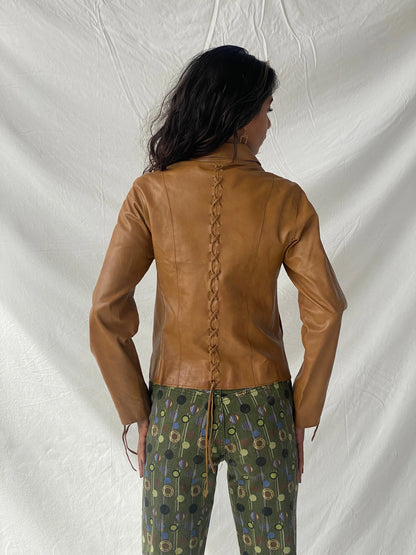 Vintage Conbipel Camel Genuine Leather Lace-up Detail Women’s Jacket - S - Balagan Vintage Leather Jacket 90s, Coats&Jackets, genuine leather, genuine leather jacket, Tojan, winter, Women's Leather Jackets