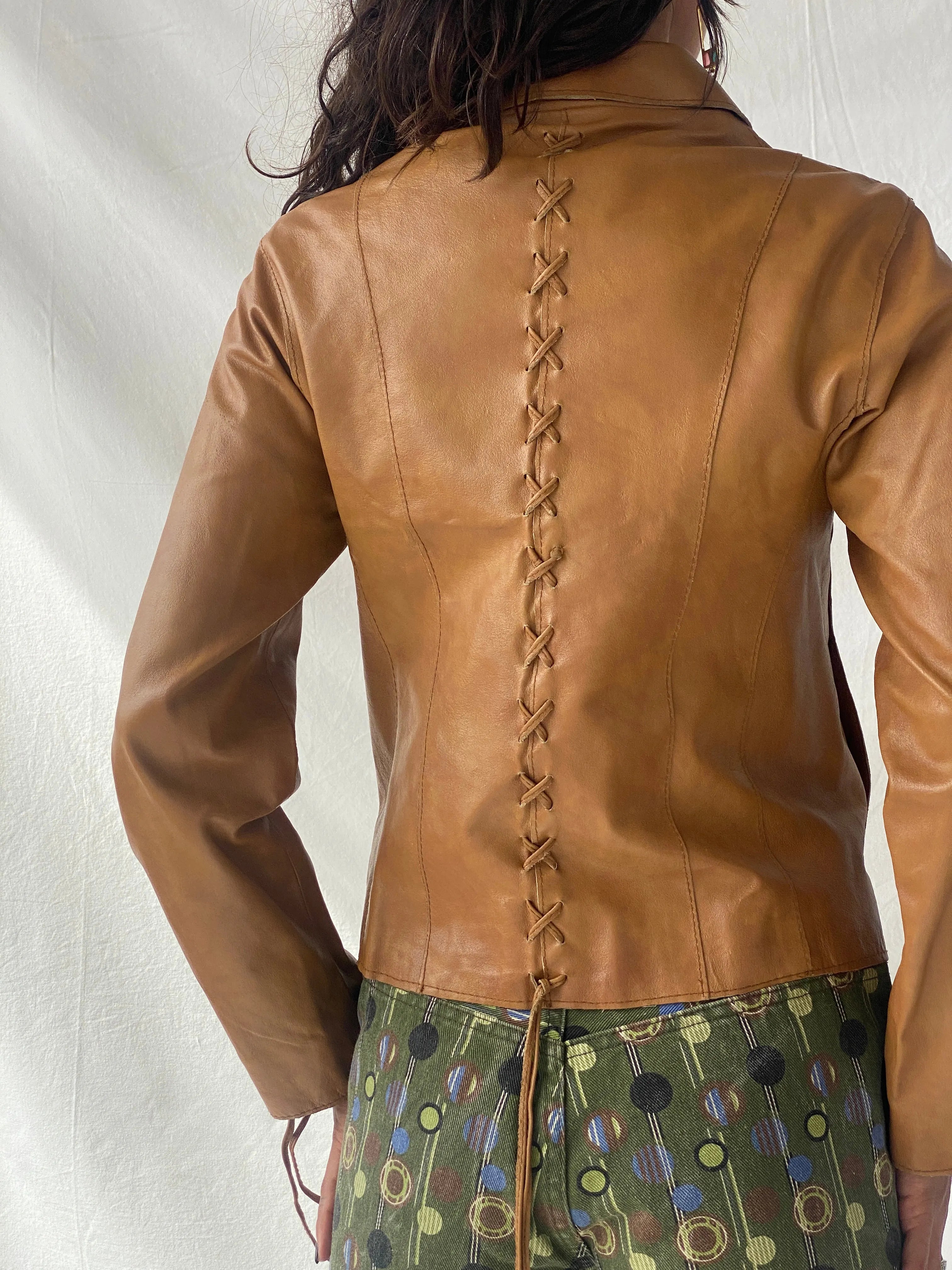 Vintage Conbipel Camel Genuine Leather Lace-up Detail Women’s Jacket - S - Balagan Vintage Leather Jacket 90s, Coats&Jackets, genuine leather, genuine leather jacket, Tojan, winter, Women's Leather Jackets