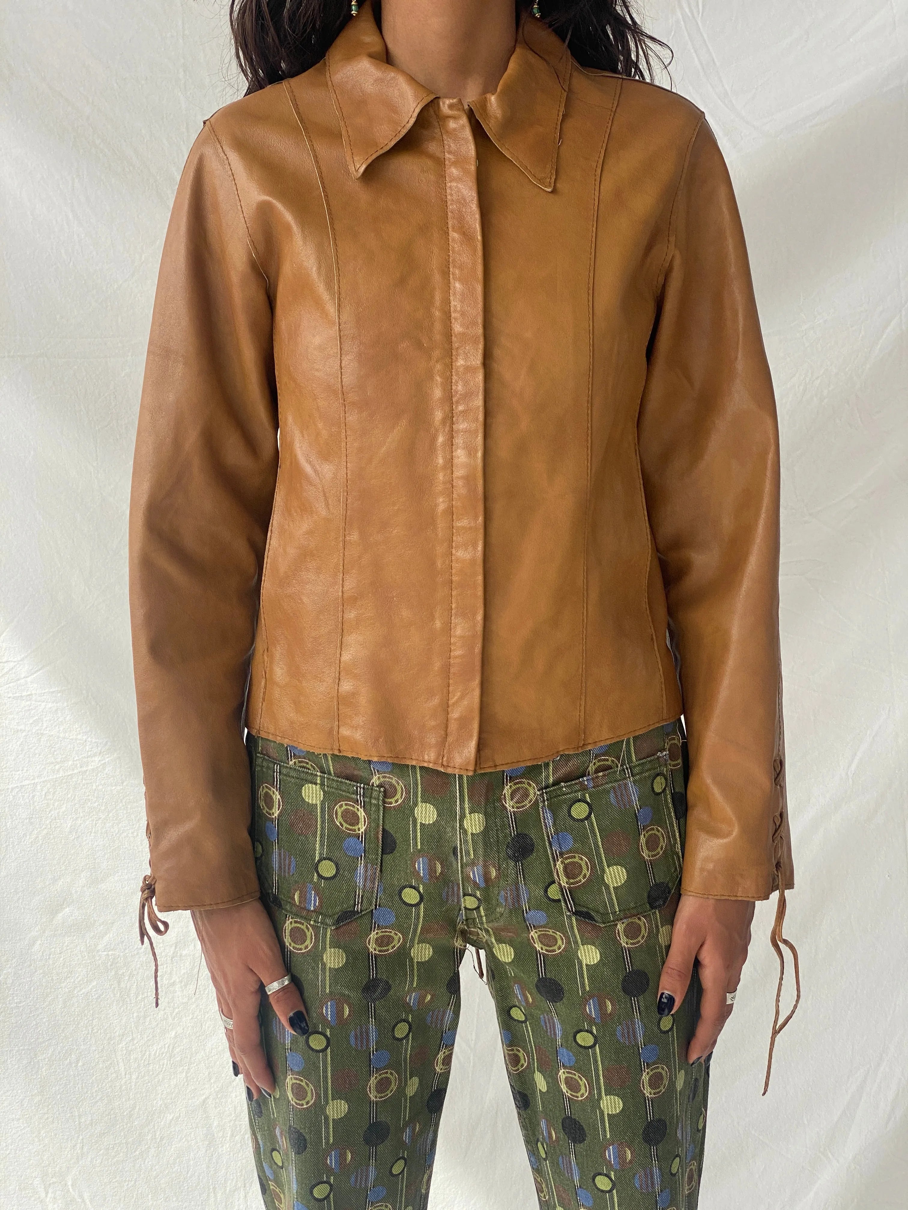 Vintage Conbipel Camel Genuine Leather Lace-up Detail Women’s Jacket - S - Balagan Vintage Leather Jacket 90s, Coats&Jackets, genuine leather, genuine leather jacket, Tojan, winter, Women's Leather Jackets