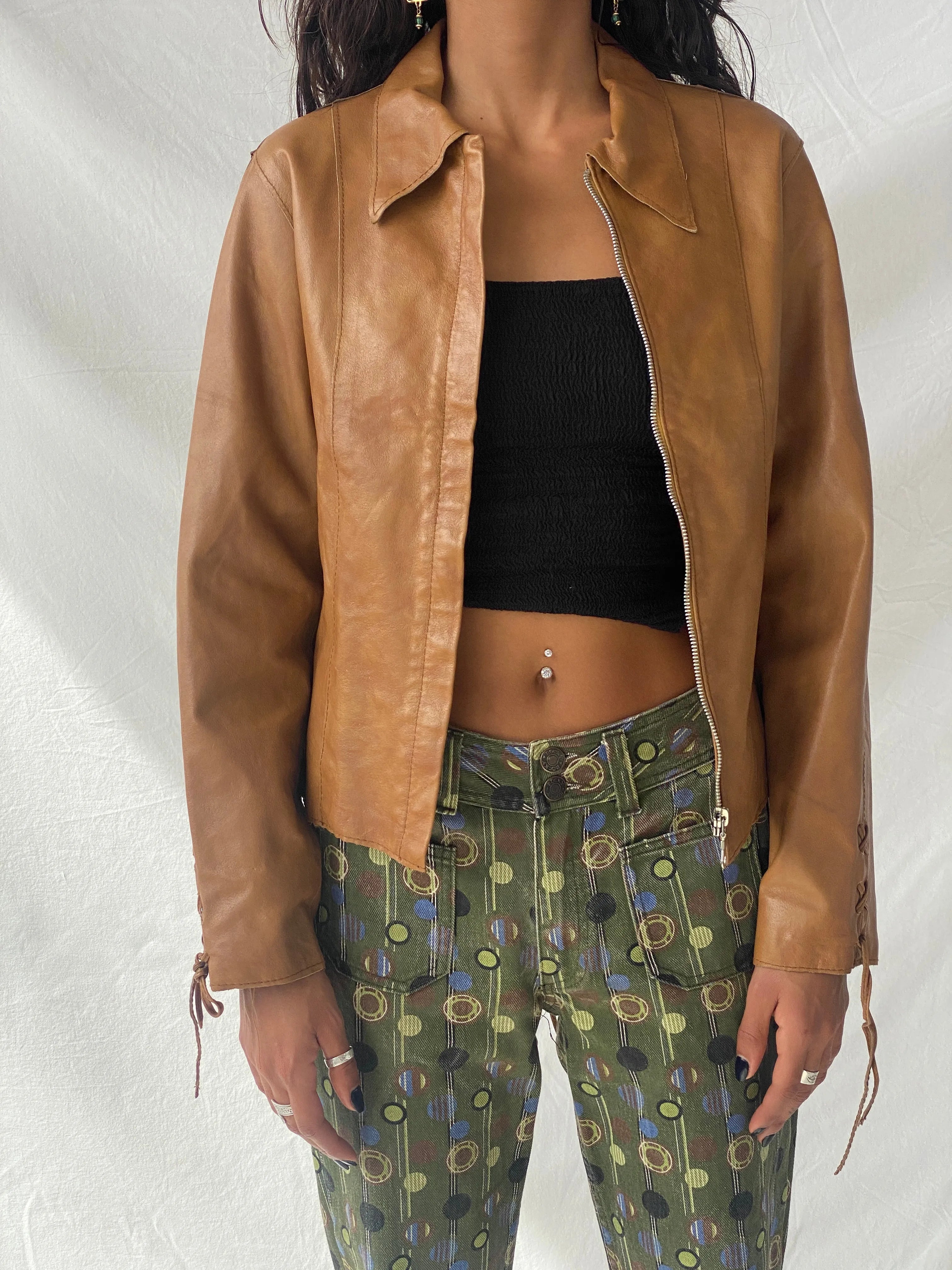 Vintage Conbipel Camel Genuine Leather Lace-up Detail Women’s Jacket - S - Balagan Vintage Leather Jacket 90s, Coats&Jackets, genuine leather, genuine leather jacket, Tojan, winter, Women's Leather Jackets