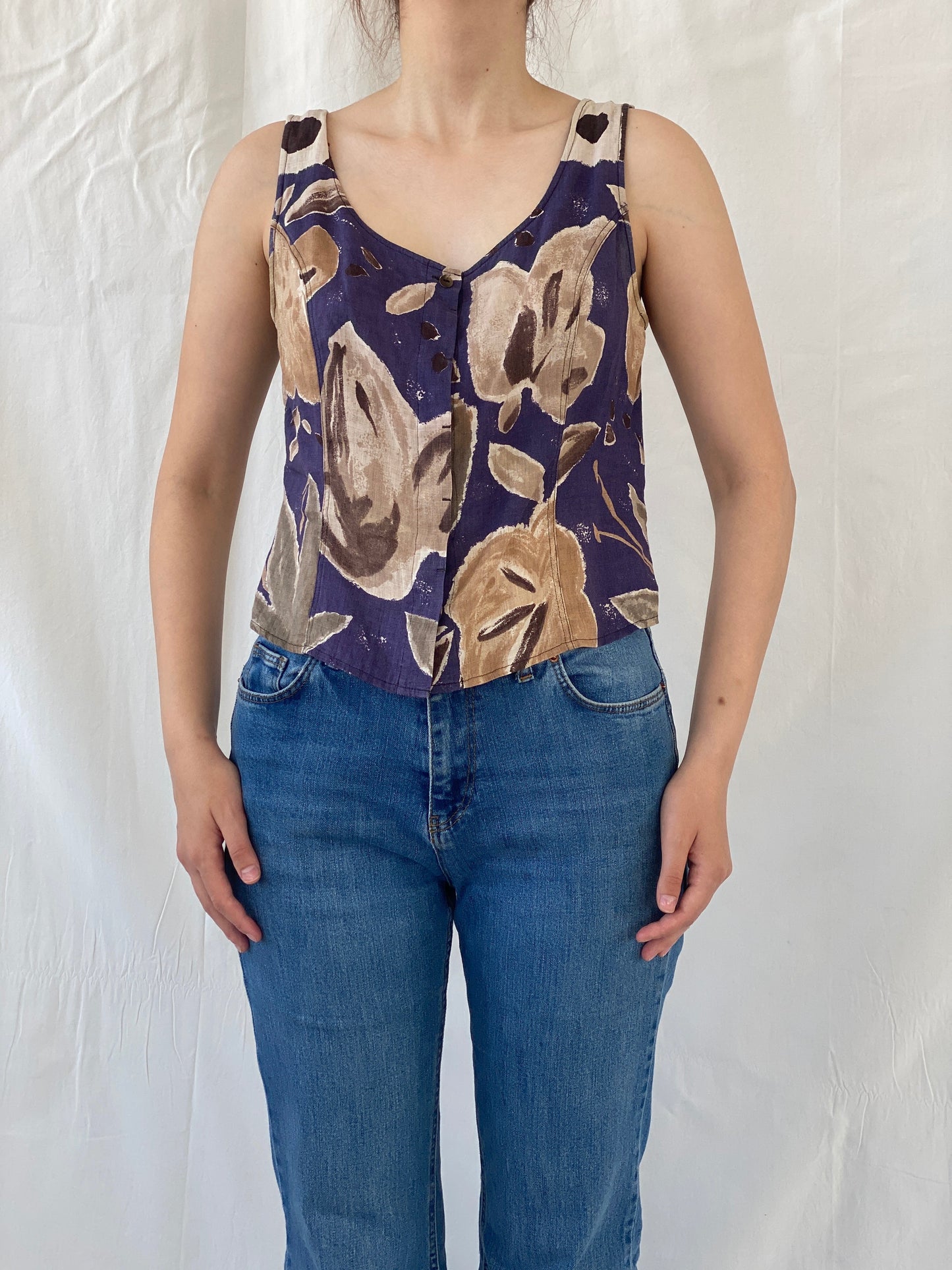 Vintage COPINES Abstract Floral Navy Beige Sleeveless Shirt - M - Balagan Vintage Sleeveless Top 00s, Ayah, floral, floral shirt, linen, sleeveless top, striped shirt, summer