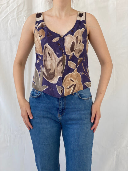 Vintage COPINES Abstract Floral Navy Beige Sleeveless Shirt - M - Balagan Vintage Sleeveless Top 00s, Ayah, floral, floral shirt, linen, sleeveless top, striped shirt, summer