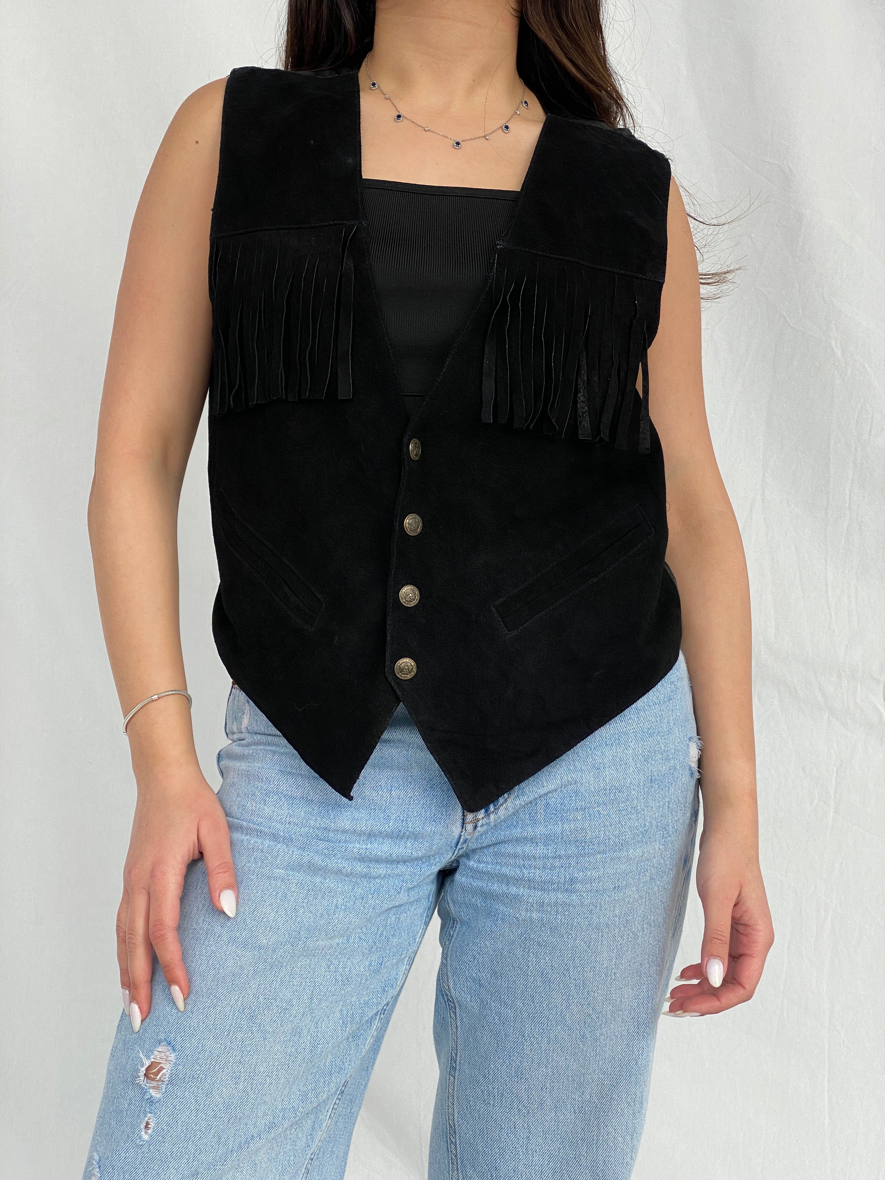 Vintage Copy Richt Concept Cowgirl Black Suede Fringed Women’s Boho Western Vest - M - Balagan Vintage Vest 00s, black vest, Fatima, leather vest, vest, women top