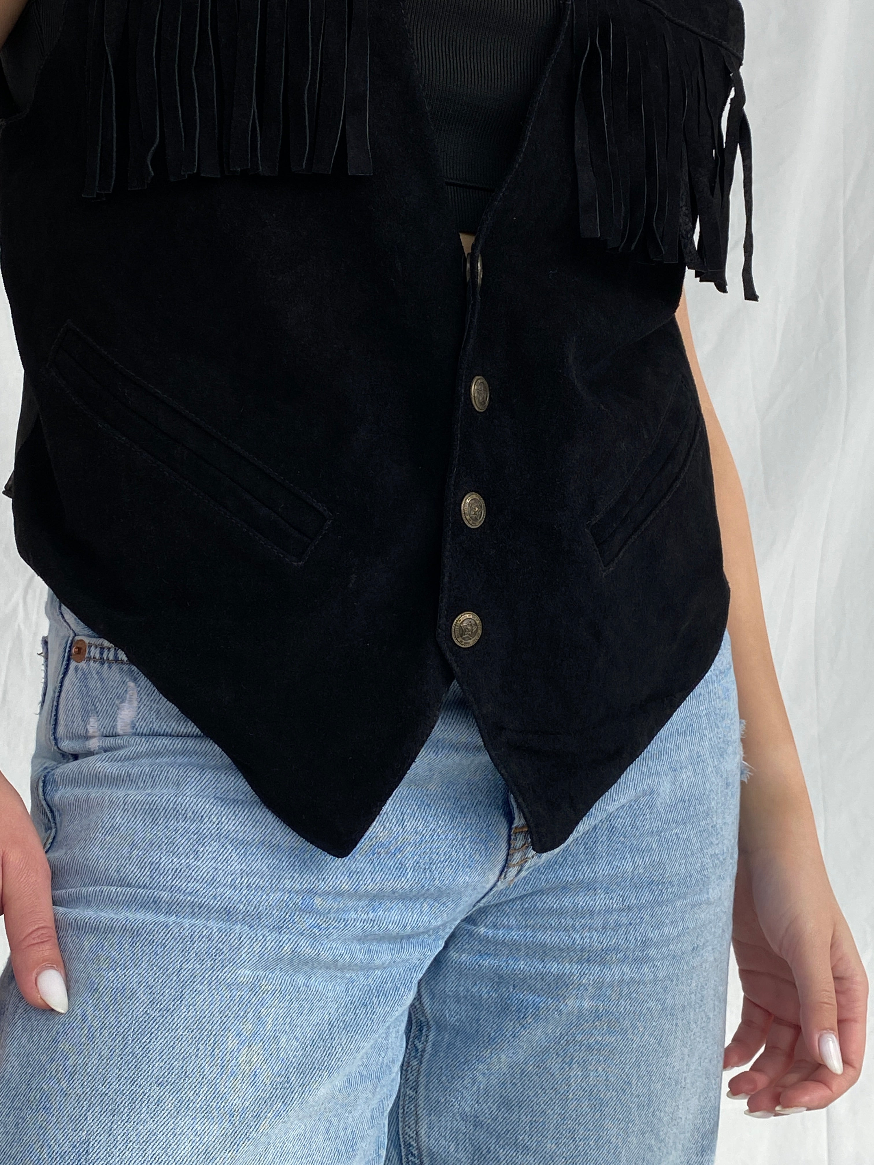 Vintage Copy Richt Concept Cowgirl Black Suede Fringed Women’s Boho Western Vest - M - Balagan Vintage Vest 00s, black vest, Fatima, leather vest, vest, women top