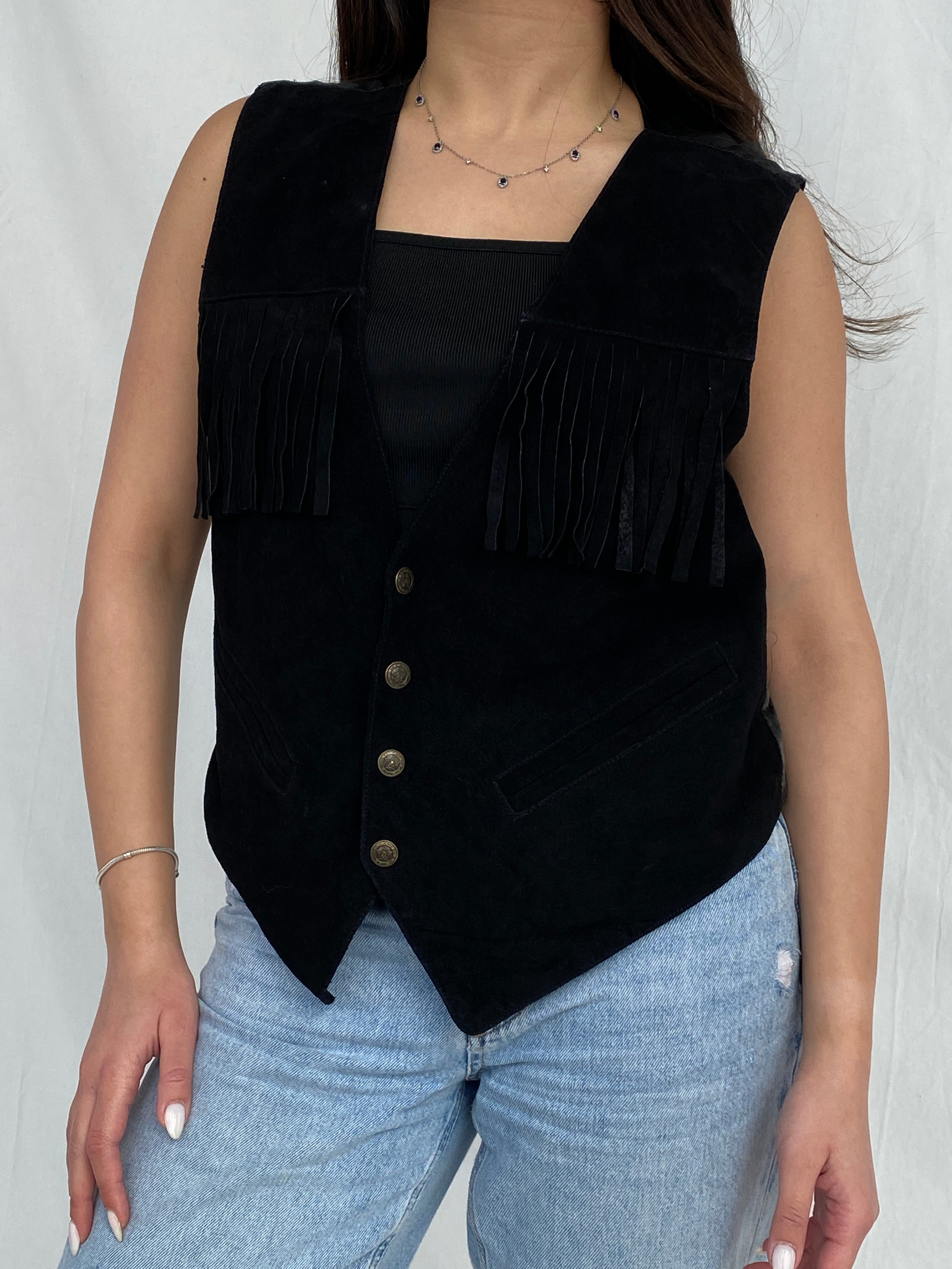 Vintage Copy Richt Concept Cowgirl Black Suede Fringed Women’s Boho Western Vest - M - Balagan Vintage Vest 00s, black vest, Fatima, leather vest, vest, women top