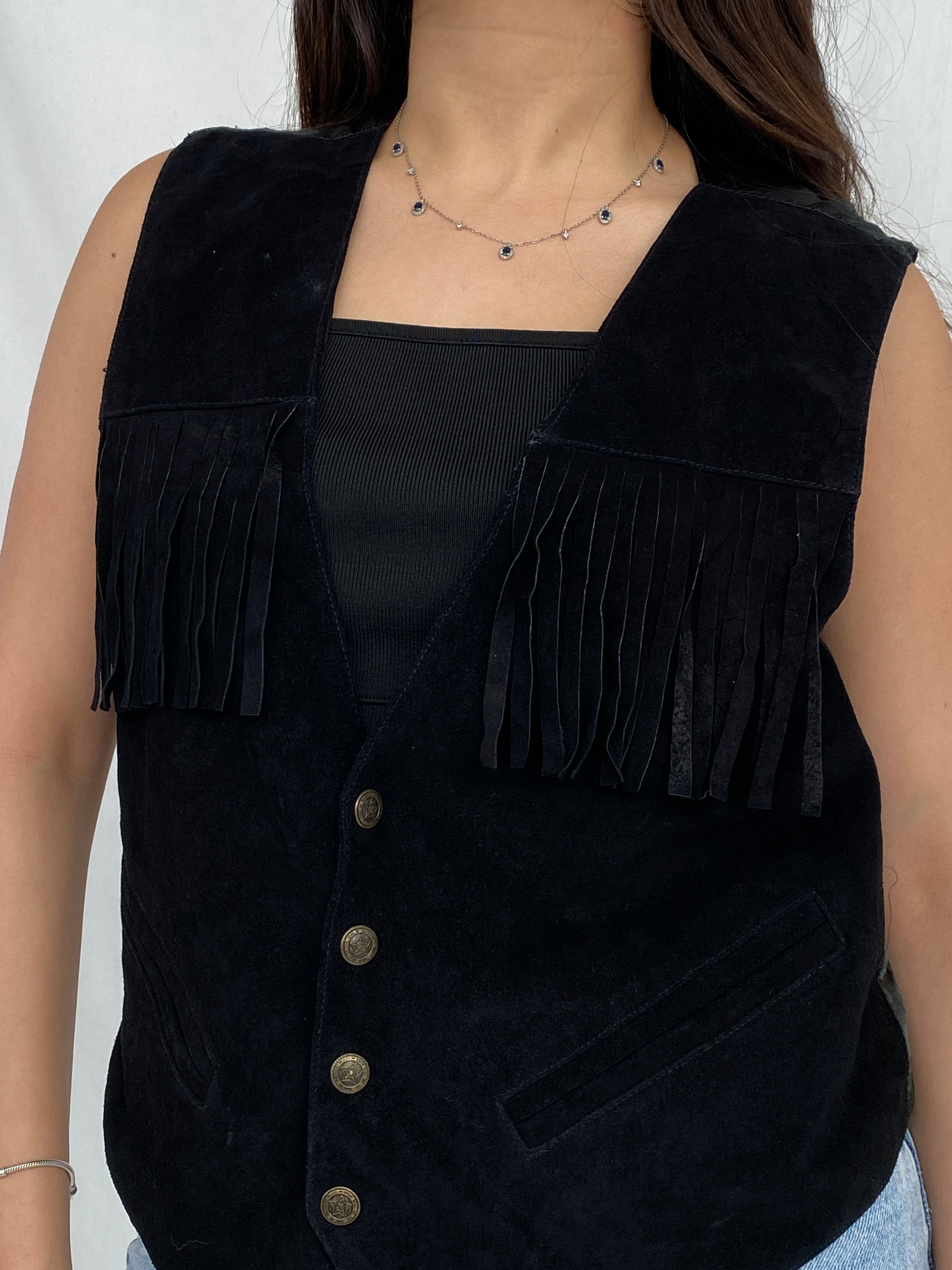 Vintage Copy Richt Concept Cowgirl Black Suede Fringed Women’s Boho Western Vest - M - Balagan Vintage Vest 00s, black vest, Fatima, leather vest, vest, women top