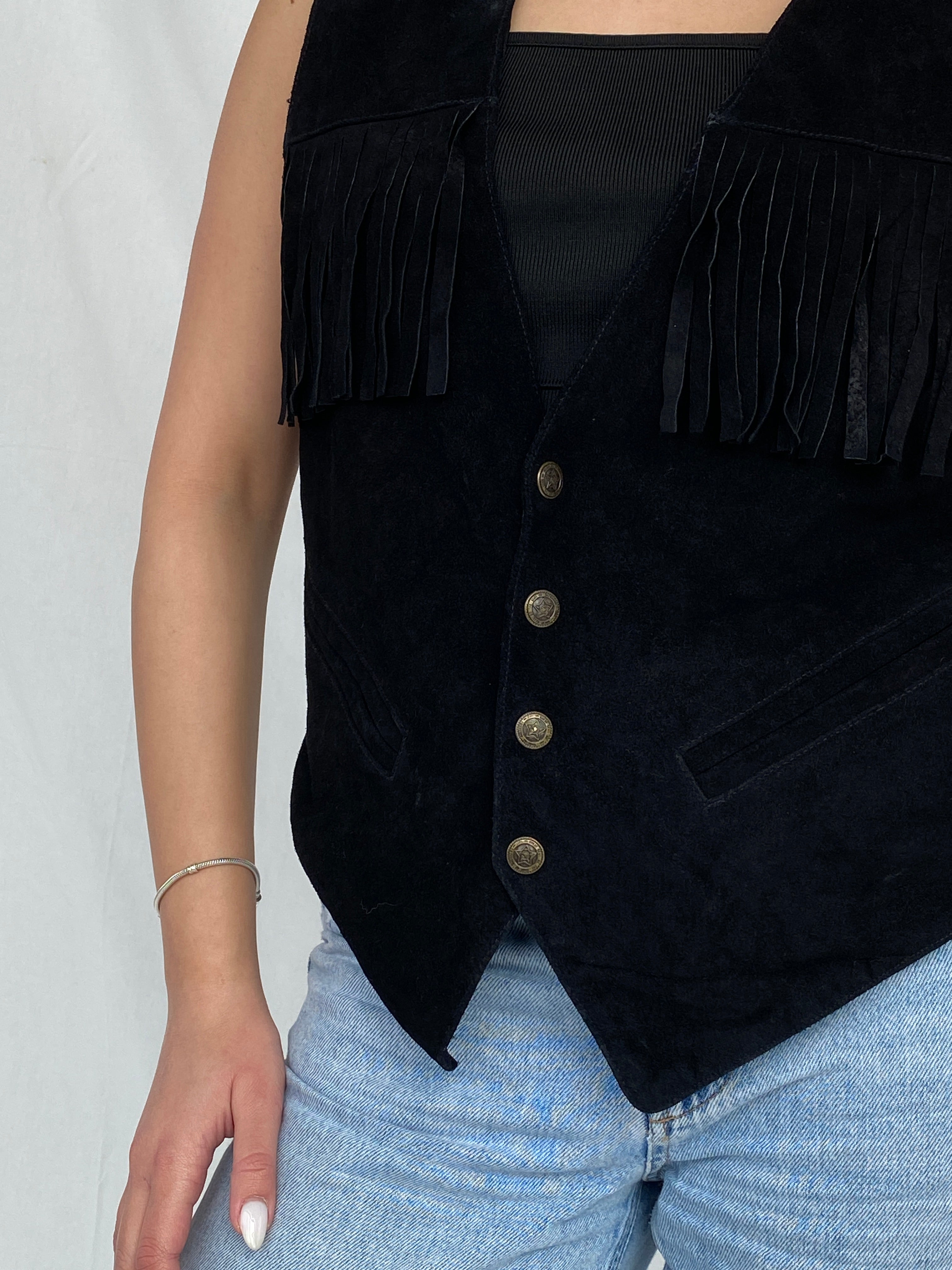 Vintage Copy Richt Concept Cowgirl Black Suede Fringed Women’s Boho Western Vest - M - Balagan Vintage Vest 00s, black vest, Fatima, leather vest, vest, women top