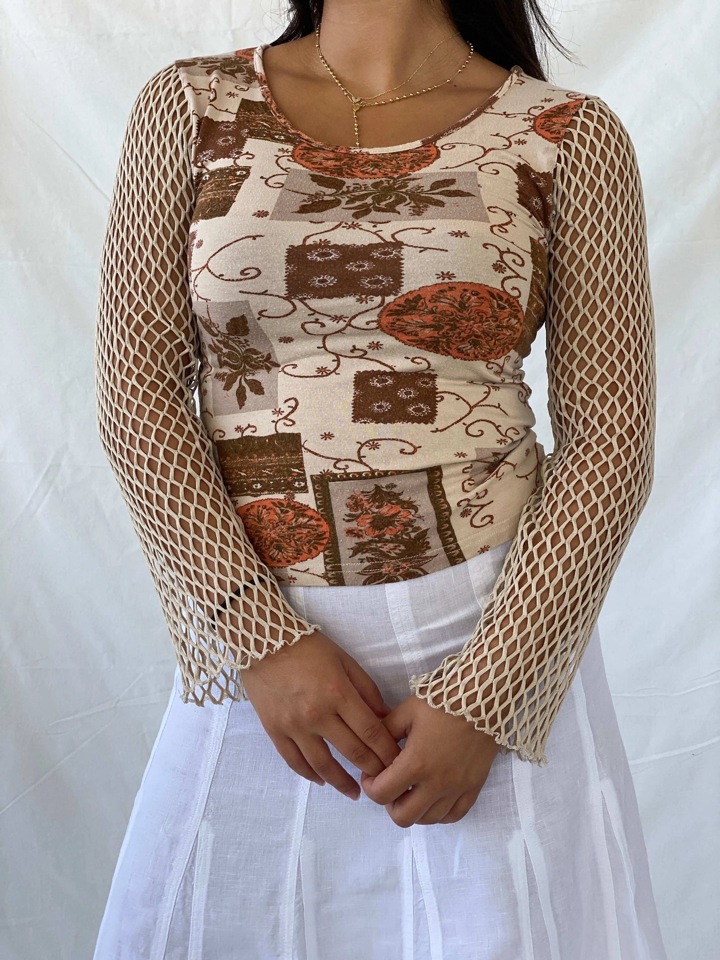 Vintage Cream Floral Long Sleeve Top With Fish Net Sleeves - S/M - Balagan Vintage Full Sleeve Top 00s, Lana, summer, Y2K