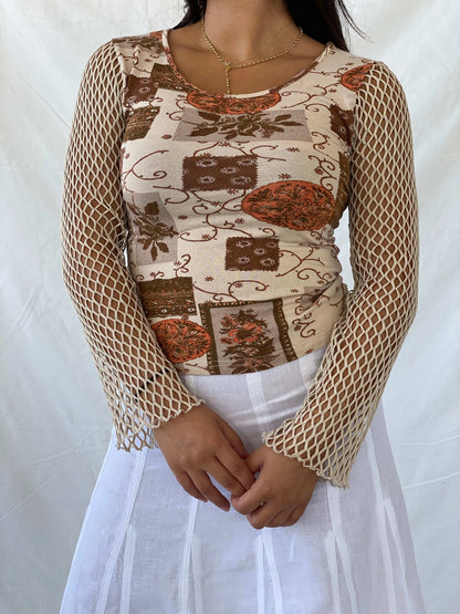 Vintage Cream Floral Long Sleeve Top With Fish Net Sleeves - S/M - Balagan Vintage Full Sleeve Top 00s, Lana, summer, Y2K
