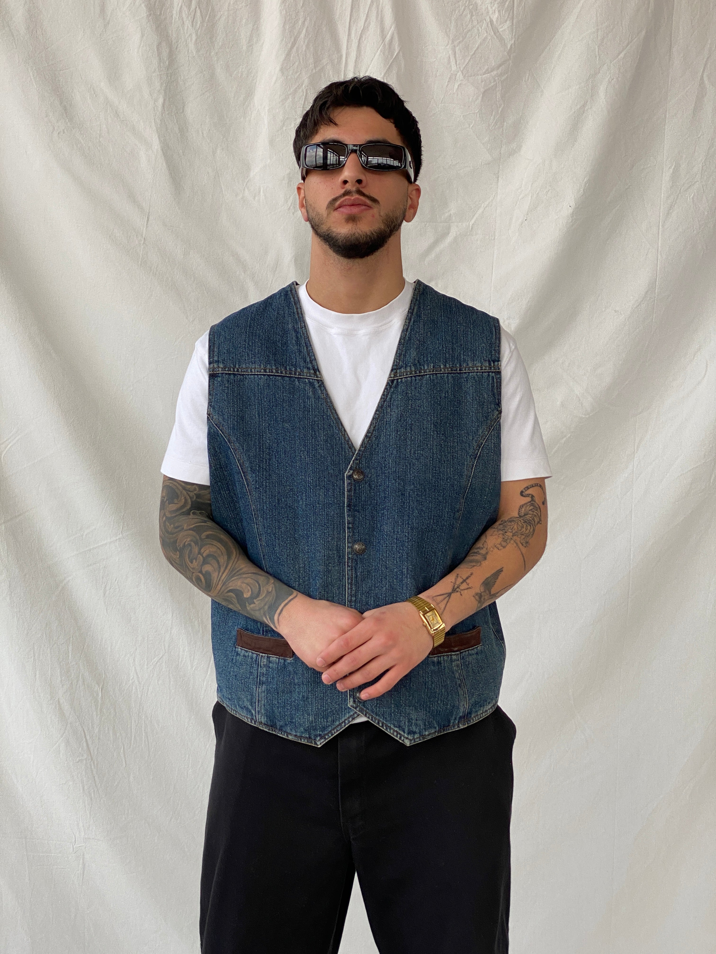 Vintage Cripple Creek Ranchwear Men's Denim Plaid Lined Vest Leather Trim - XL - Balagan Vintage Vest denim, denim vest, Hamza, mens vest, NEW IN, vest