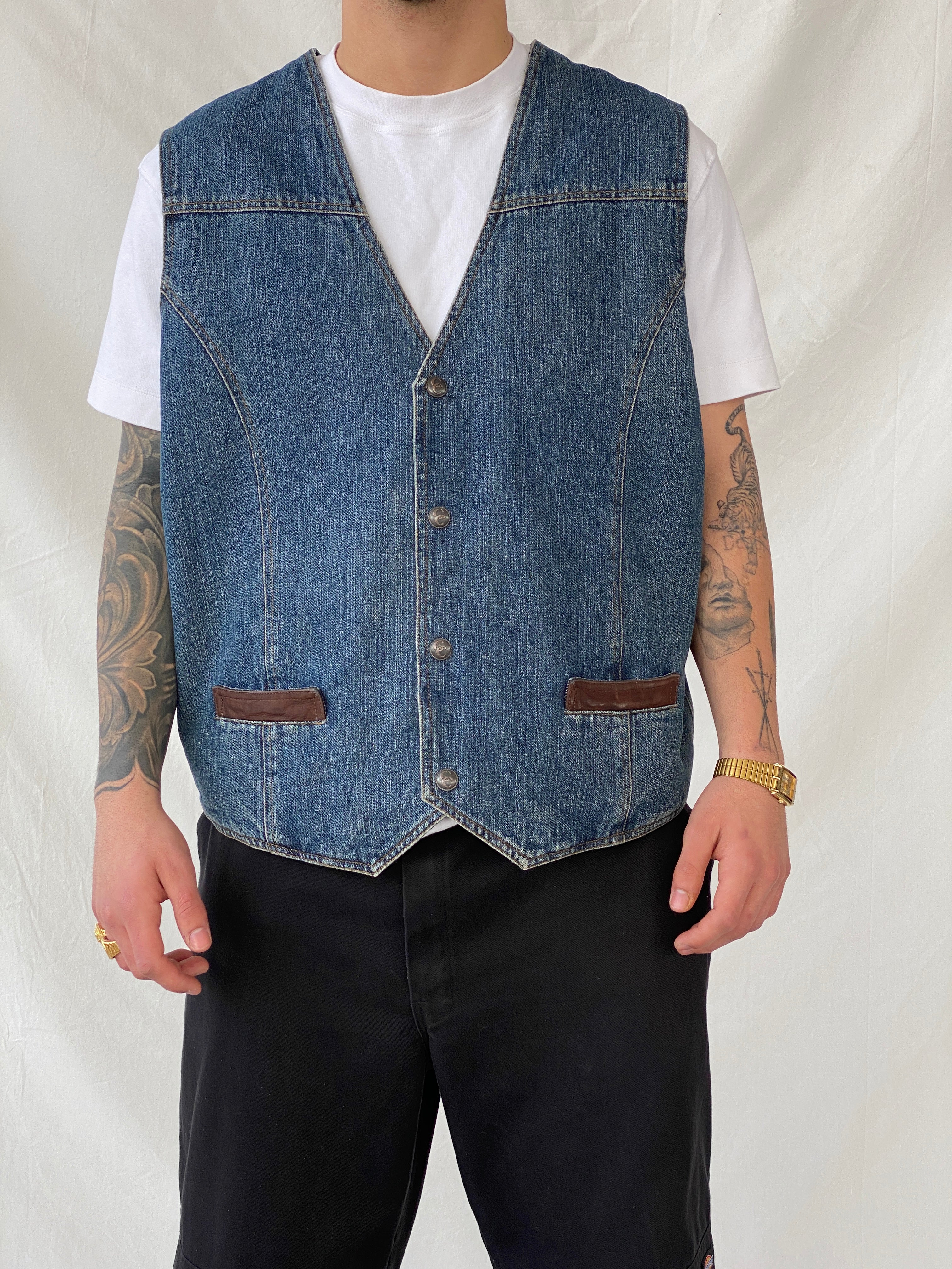 Vintage Cripple Creek Ranchwear Men's Denim Plaid Lined Vest Leather Trim - XL - Balagan Vintage Vest denim, denim vest, Hamza, mens vest, NEW IN, vest