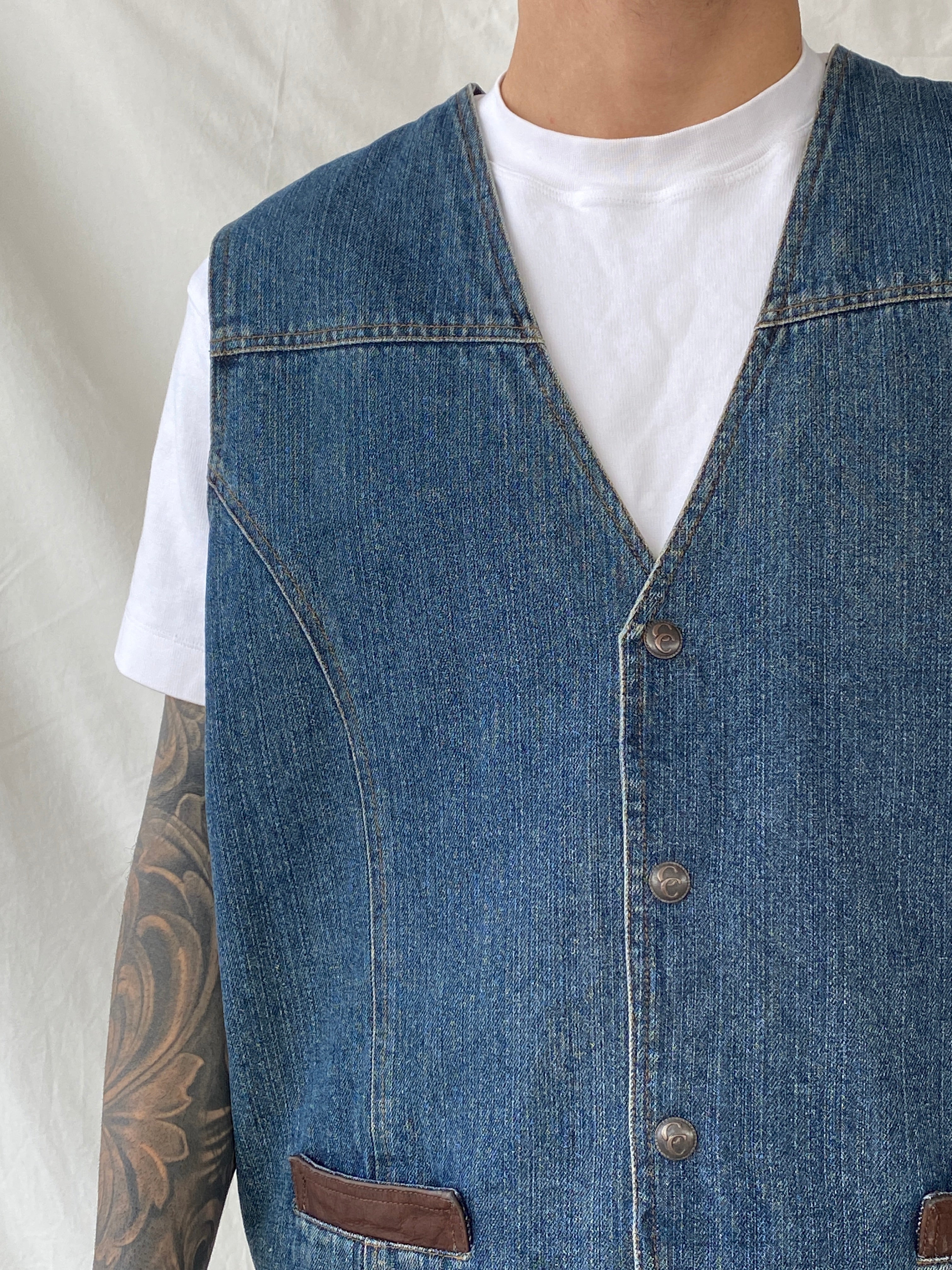 Vintage Cripple Creek Ranchwear Men's Denim Plaid Lined Vest Leather Trim - XL - Balagan Vintage Vest denim, denim vest, Hamza, mens vest, NEW IN, vest