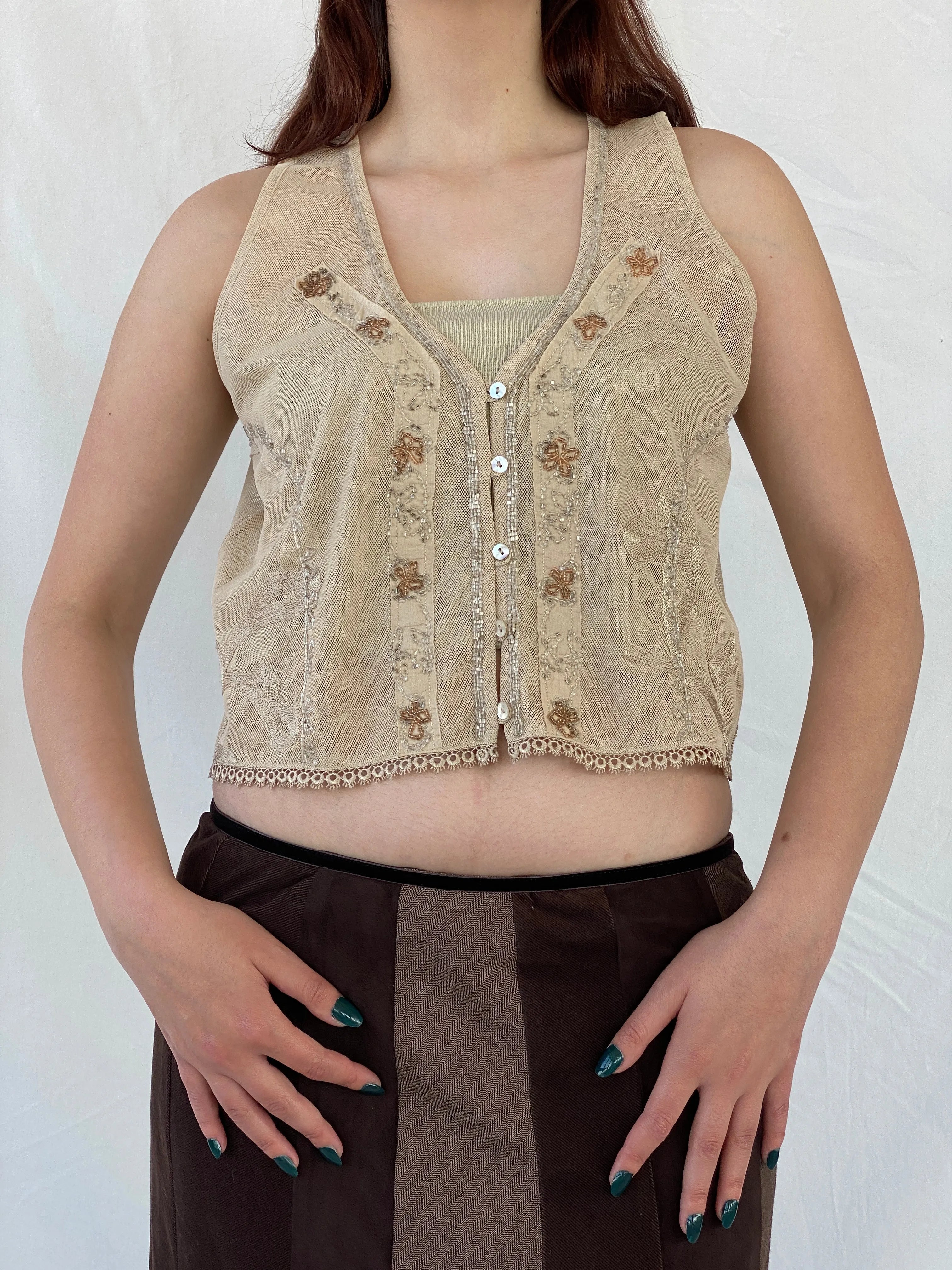 Vintage CRiSCA Beaded Coquette Beige Fairycore Mesh Vest - L - Balagan Vintage Vest 00s, Ayah, beaded, consignment, cropped vest, Melika, mesh, vest, women top