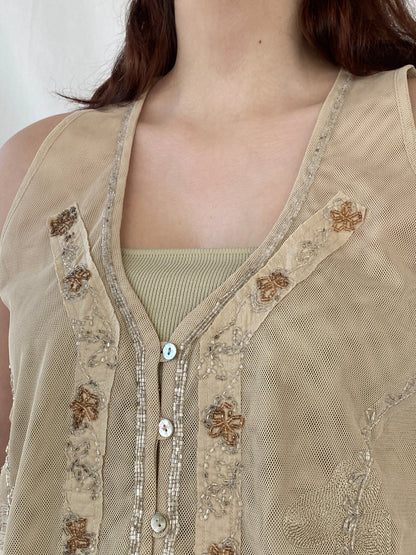 Vintage CRiSCA Beaded Coquette Beige Fairycore Mesh Vest - L - Balagan Vintage Vest 00s, Ayah, beaded, consignment, cropped vest, Melika, mesh, vest, women top