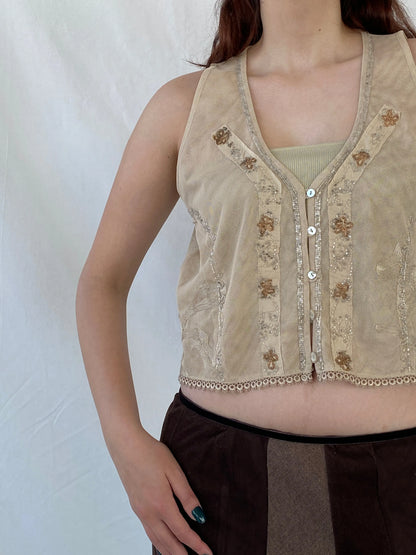 Vintage CRiSCA Beaded Coquette Beige Fairycore Mesh Vest - L - Balagan Vintage Vest 00s, Ayah, beaded, consignment, cropped vest, Melika, mesh, vest, women top