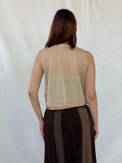 Vintage CRiSCA Beaded Coquette Beige Fairycore Mesh Vest - L - Balagan Vintage Vest 00s, Ayah, beaded, consignment, cropped vest, Melika, mesh, vest, women top