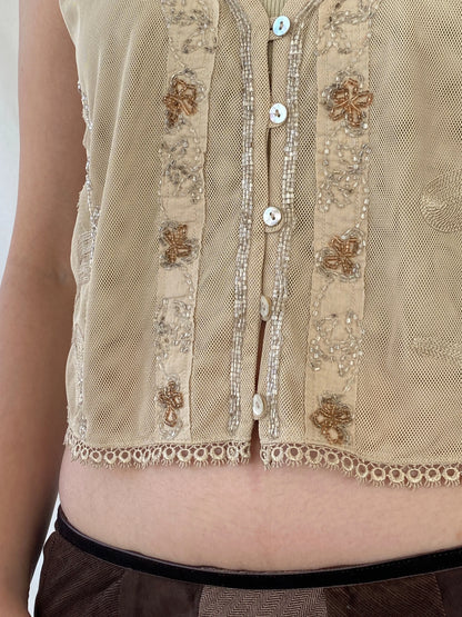 Vintage CRiSCA Beaded Coquette Beige Fairycore Mesh Vest - L - Balagan Vintage Vest 00s, Ayah, beaded, consignment, cropped vest, Melika, mesh, vest, women top