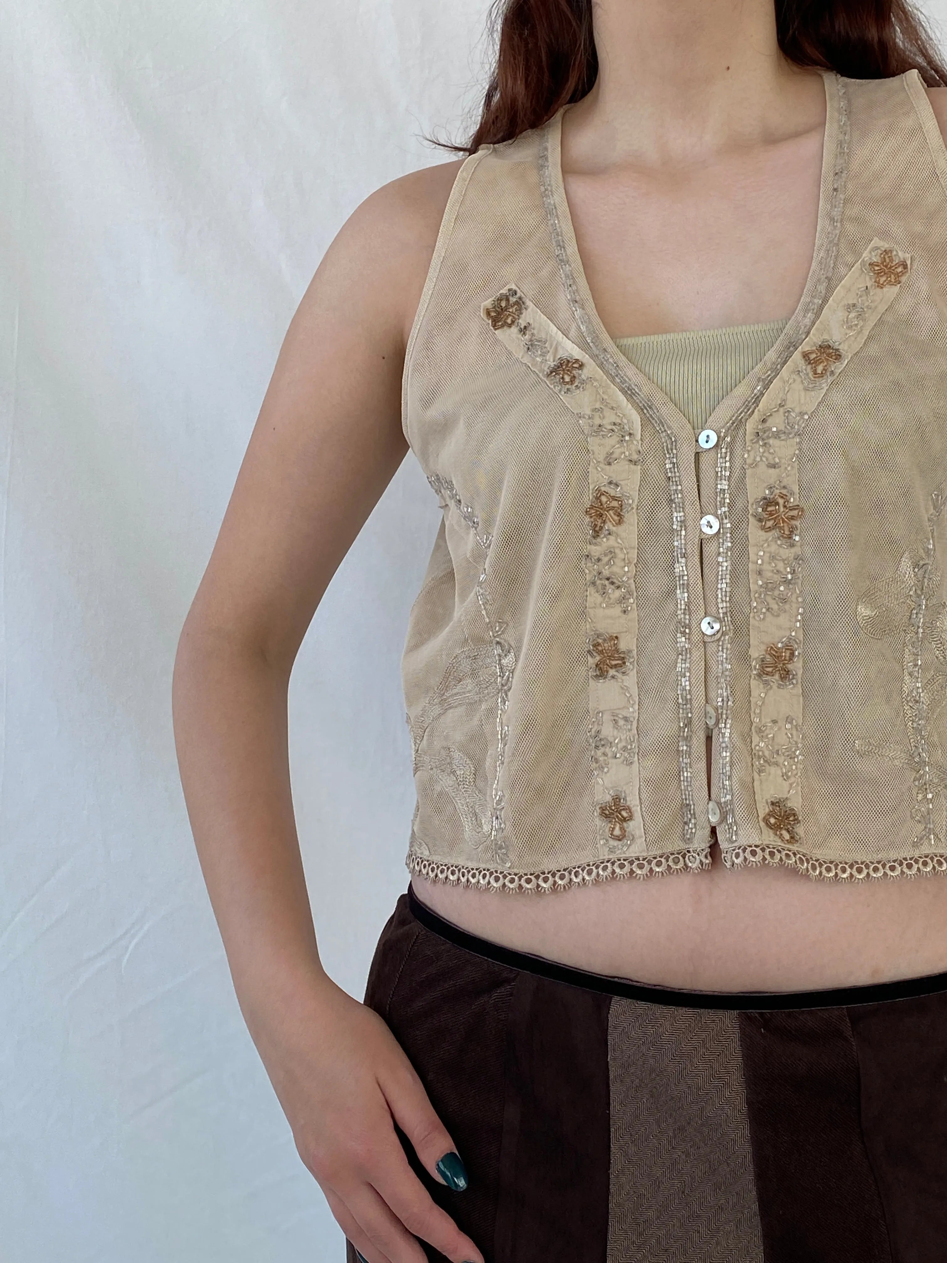 Vintage CRiSCA Beaded Coquette Beige Fairycore Mesh Vest - L - Balagan Vintage Vest 00s, Ayah, beaded, consignment, cropped vest, Melika, mesh, vest, women top
