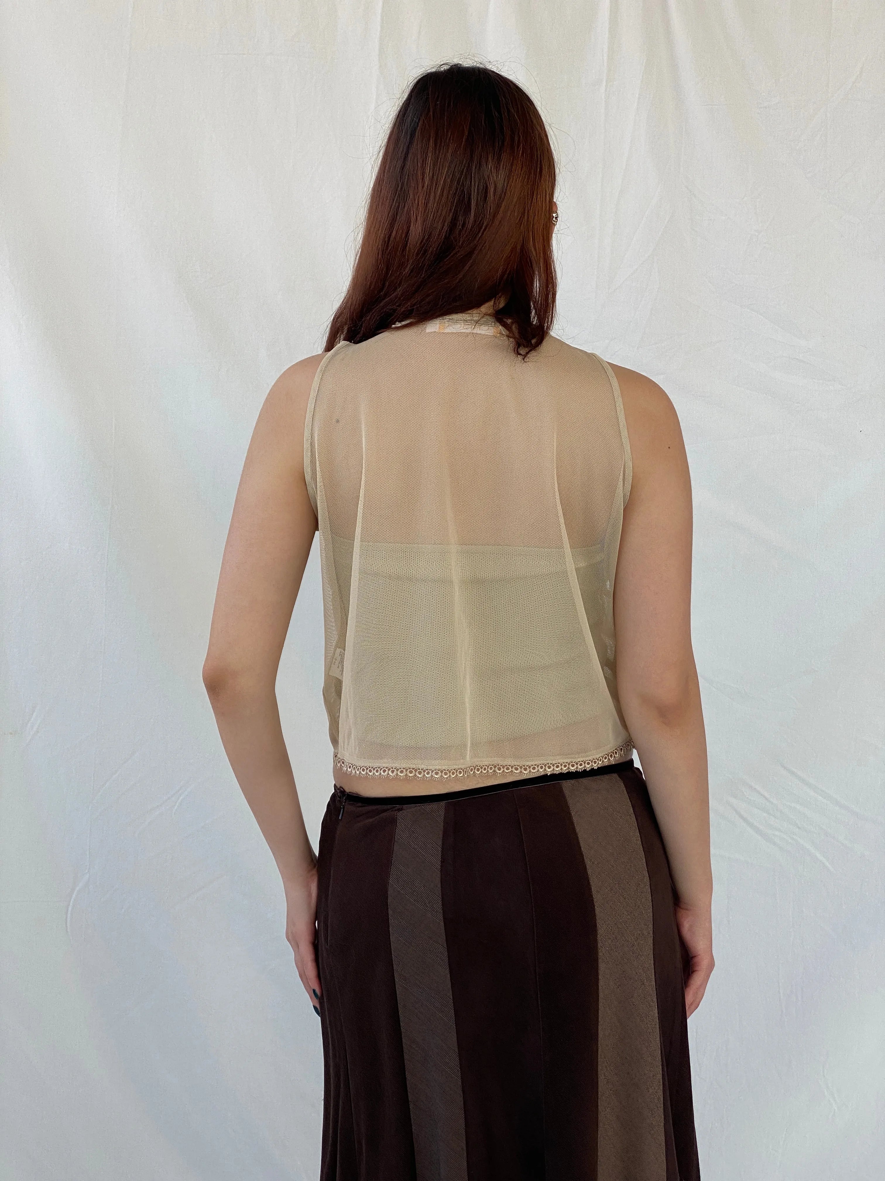 Vintage CRiSCA Beaded Coquette Beige Fairycore Mesh Vest - L - Balagan Vintage Vest 00s, Ayah, beaded, consignment, cropped vest, Melika, mesh, vest, women top